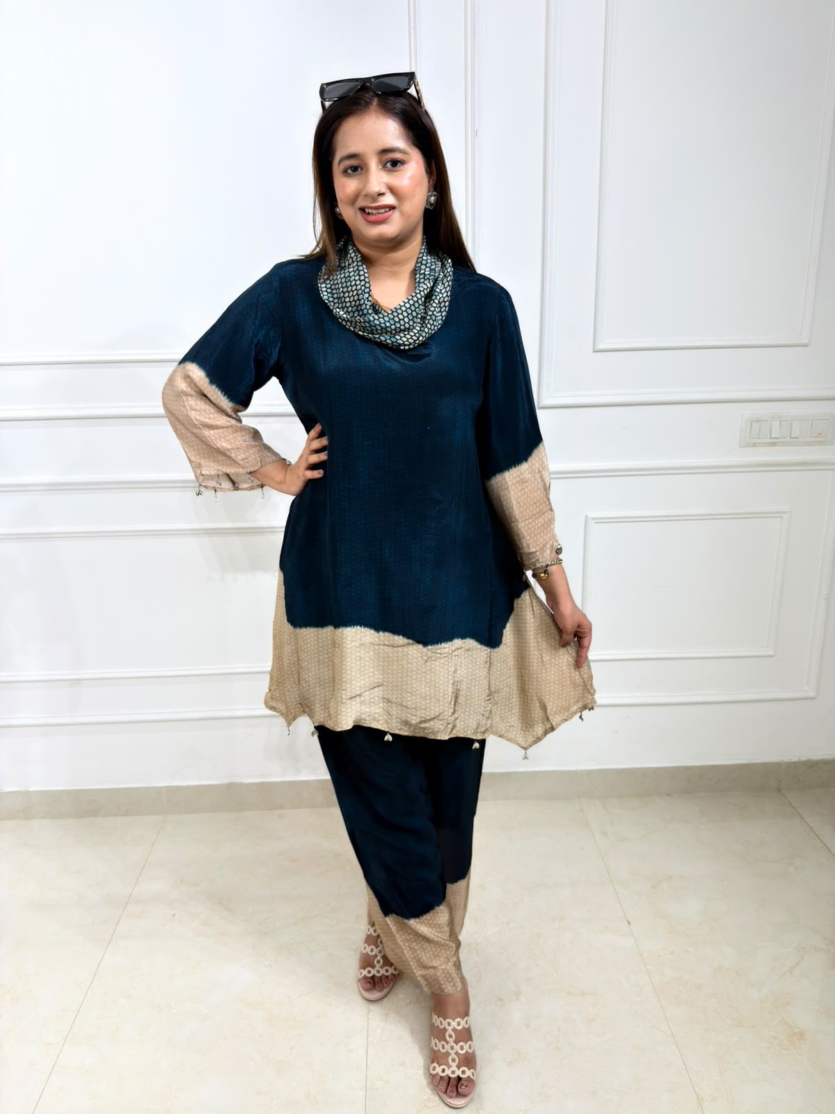 Tavisha | Navy Blue & Beige Printed Kurta Set with Cowl Neck Dupatta