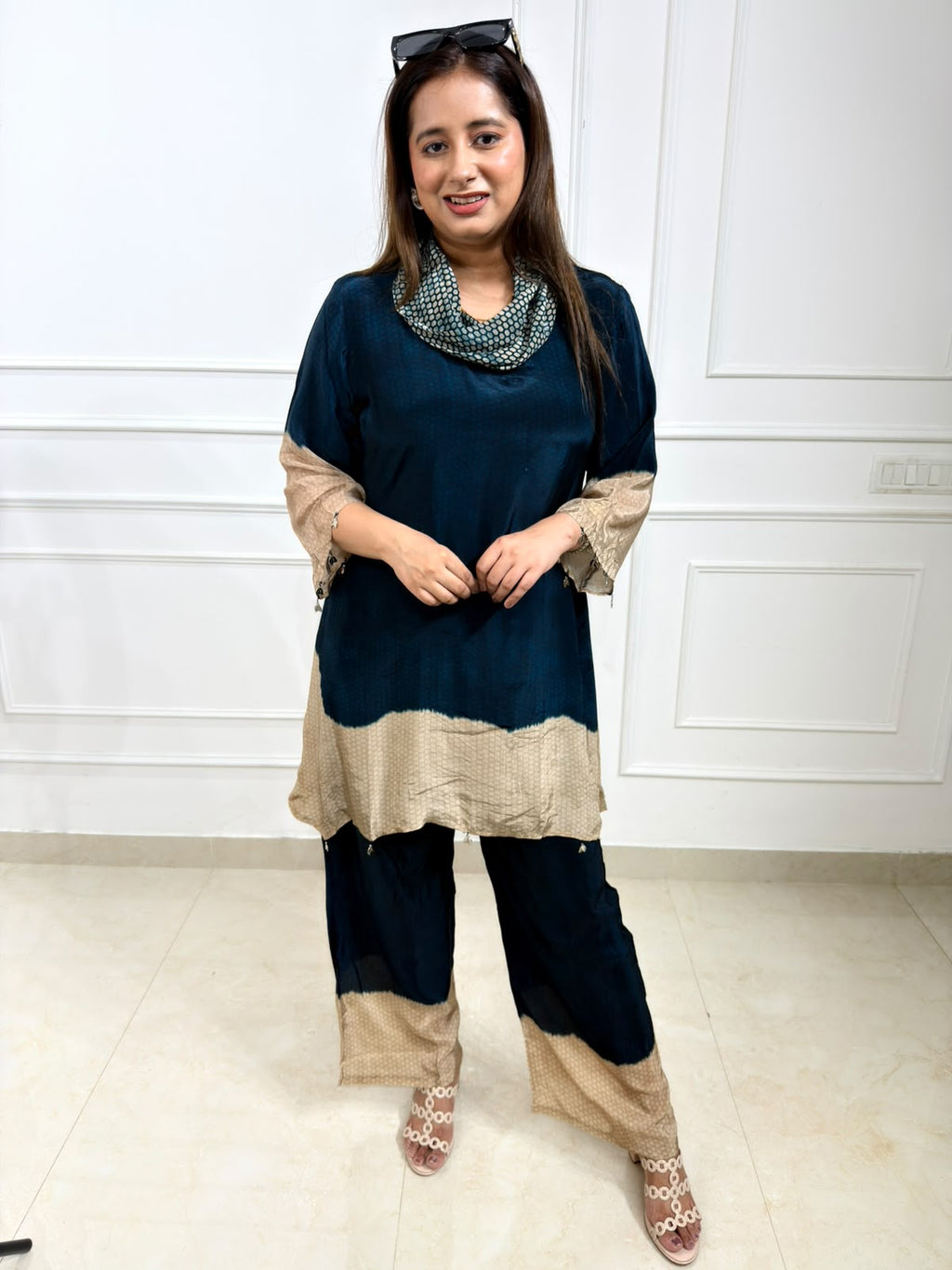 Tavisha | Navy Blue & Beige Printed Kurta Set with Cowl Neck Dupatta