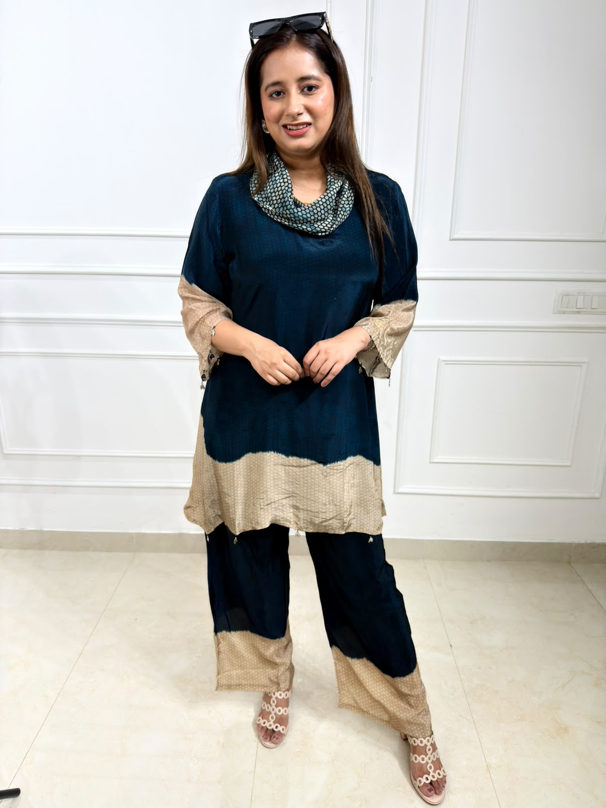Tavisha | Navy Blue & Beige Printed Kurta Set with Cowl Neck Dupatta