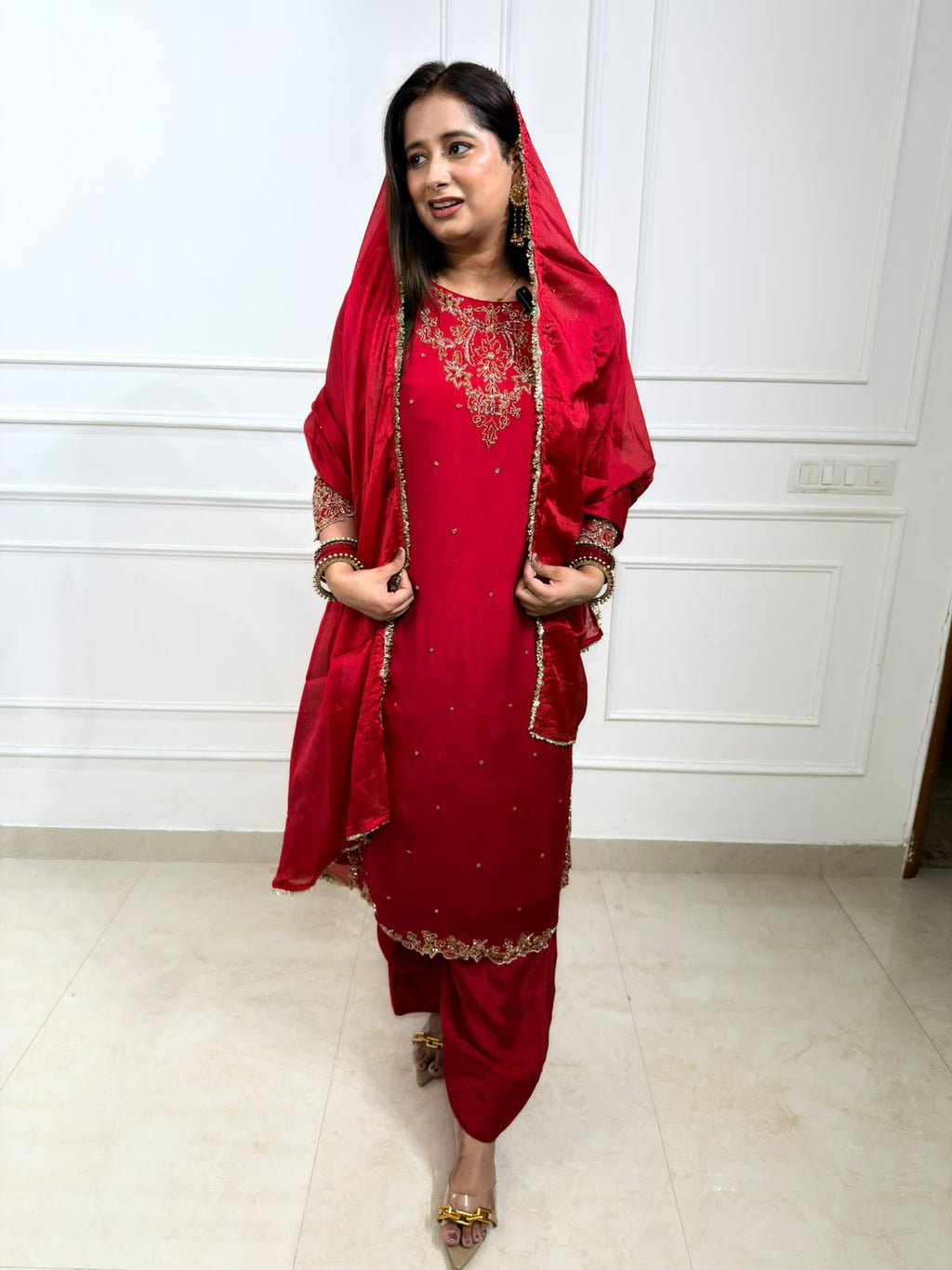 Rivaanya | Red Embroidered Kurta with Farsi Salwar & Dupatta