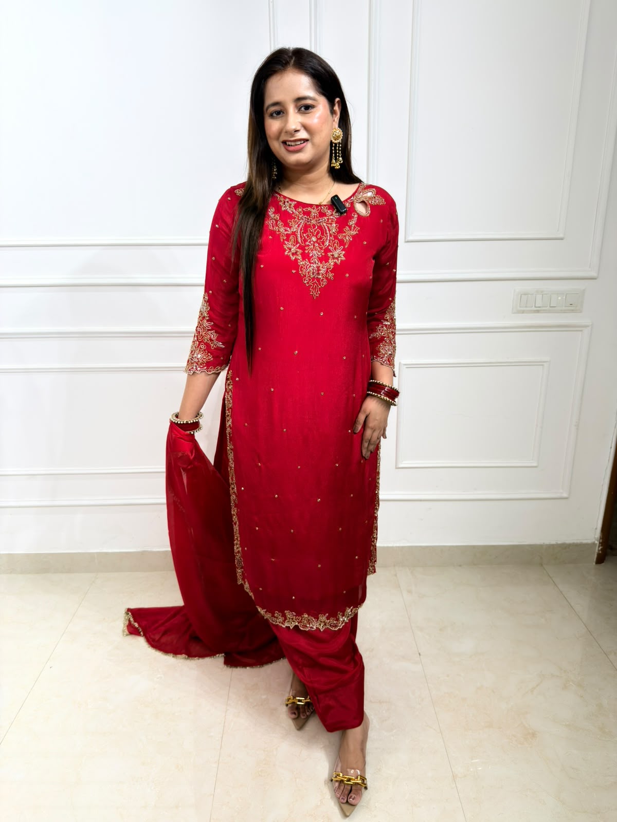 Rivaanya | Red Embroidered Kurta with Farsi Salwar & Dupatta