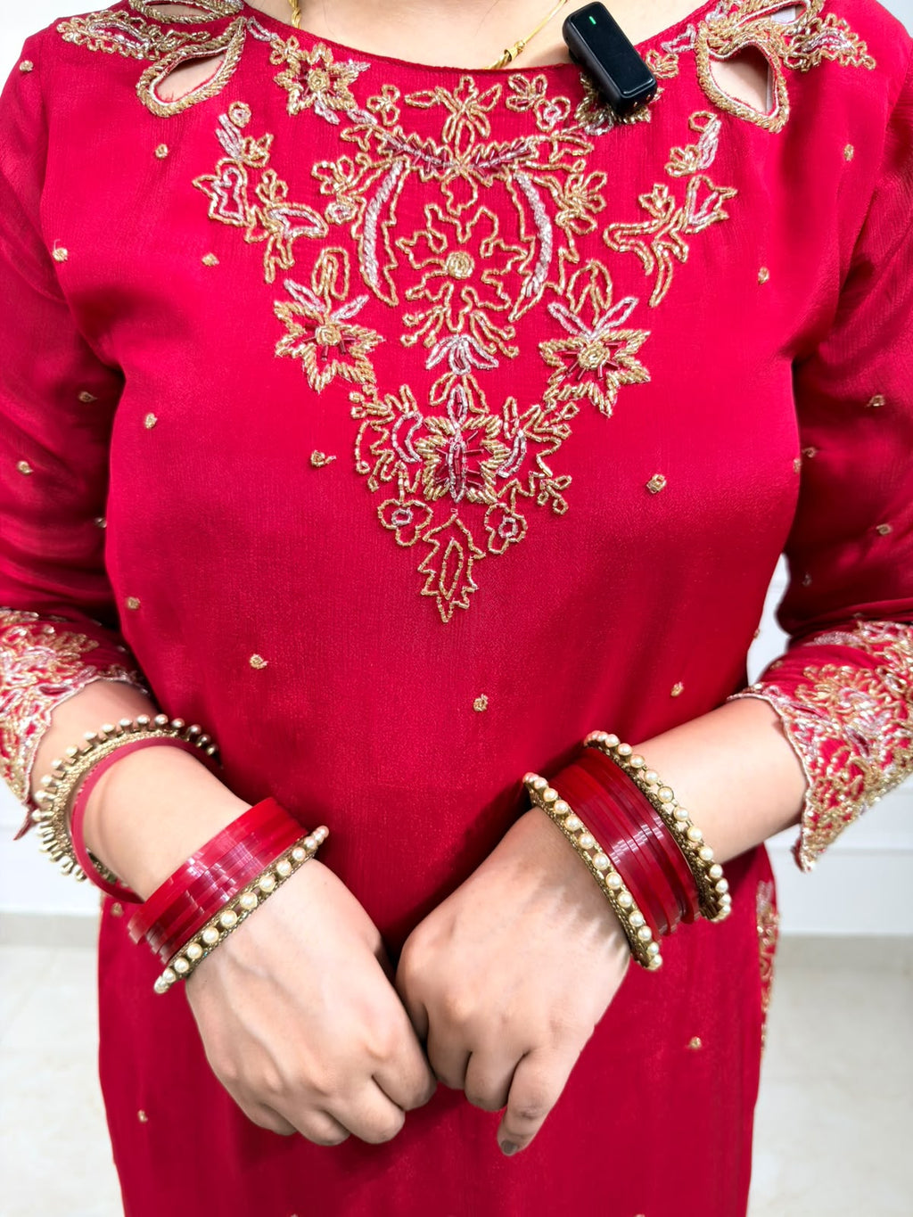 Rivaanya | Red Embroidered Kurta with Farsi Salwar & Dupatta