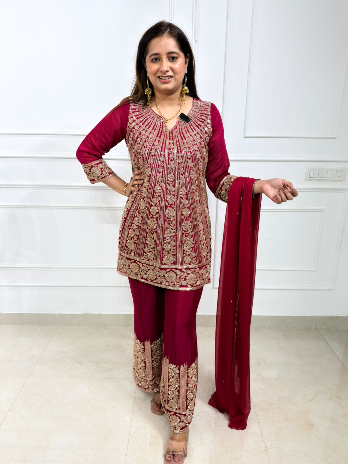 Zareesha | Wine Magenta Heavy Handwork Suit Set with Embroidered Palazzo & Dupatta