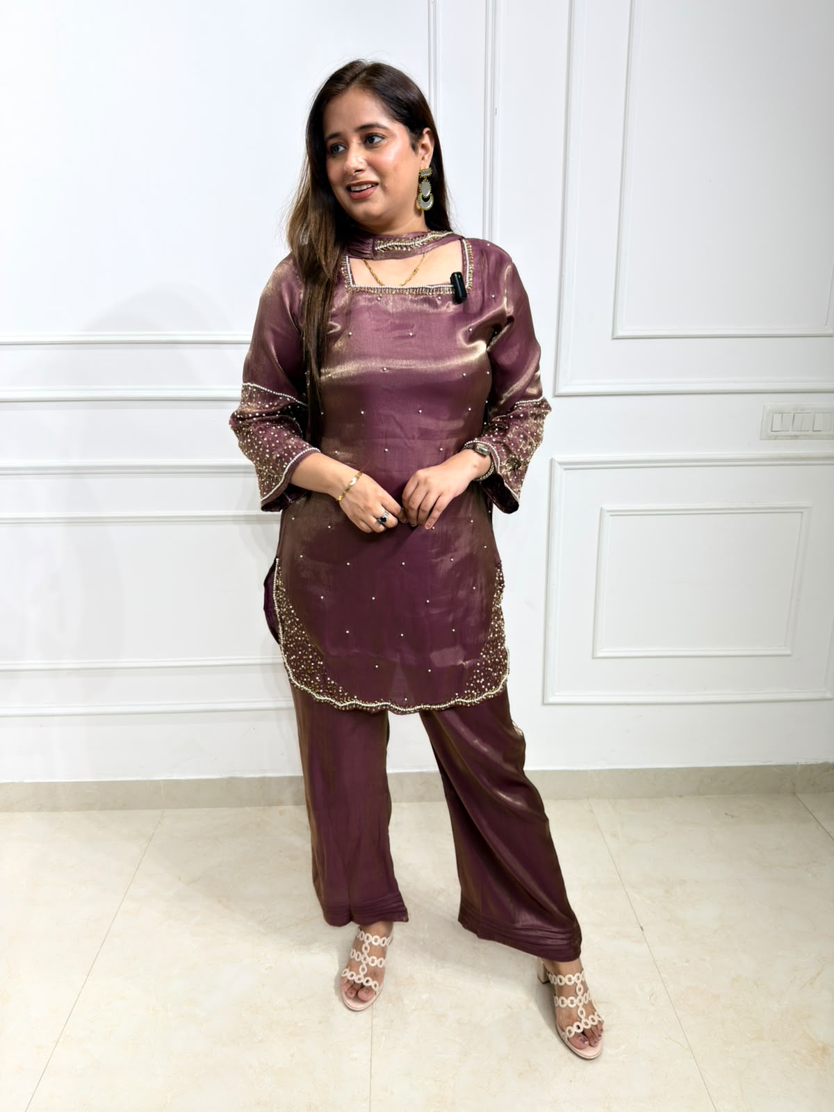Myrasha | Mauve Brown Embellished Suit Set with Bell Sleeves & Wide-Leg Pants