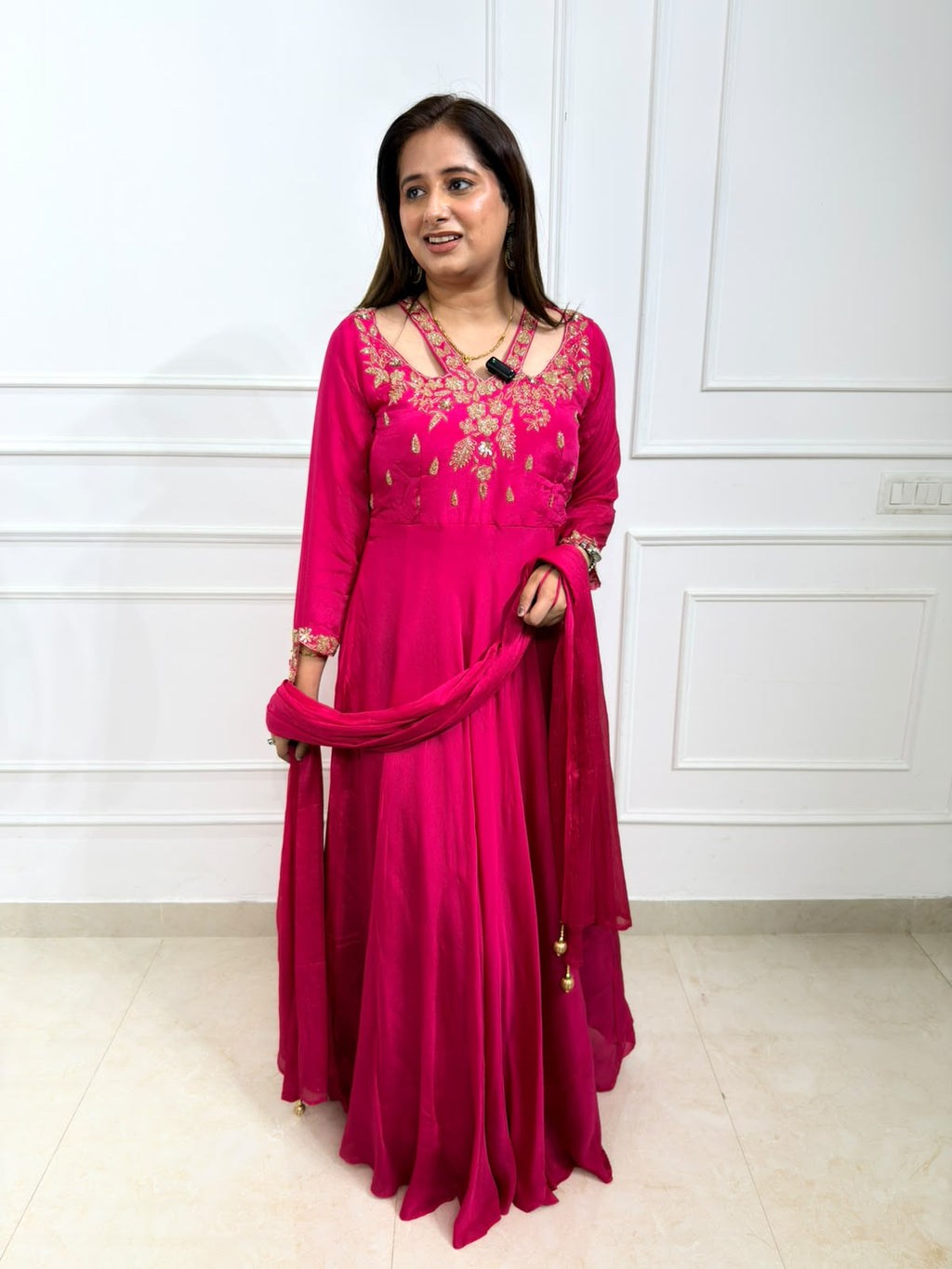 Samyukta | Fuchsia Pink Designer Anarkali Gown with Handworked Neck & Dupatta