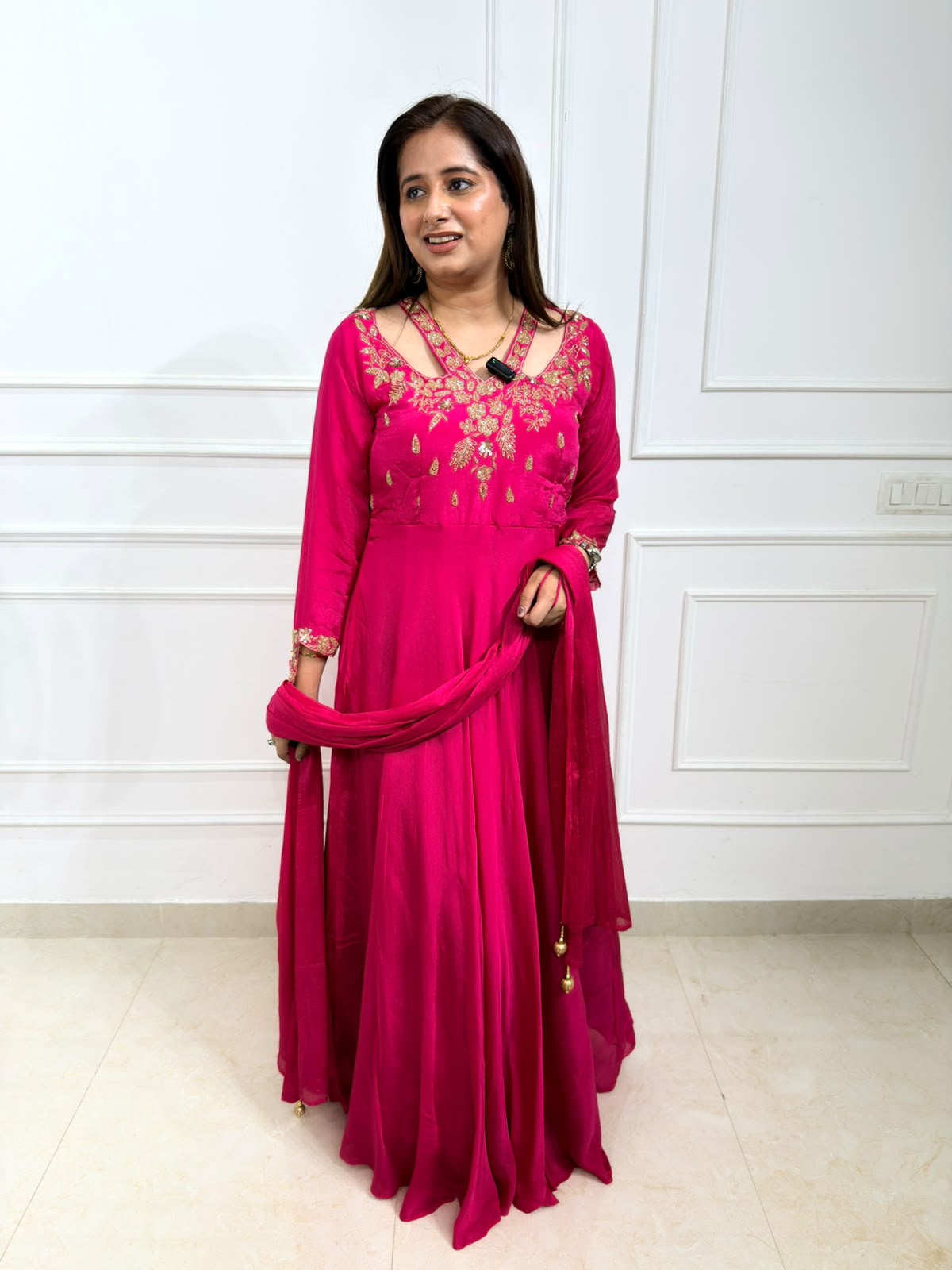 Samyukta | Fuchsia Pink Designer Anarkali Gown with Handworked Neck & Dupatta