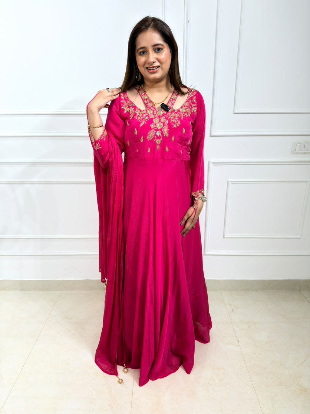 Samyukta | Fuchsia Pink Designer Anarkali Gown with Handworked Neck & Dupatta