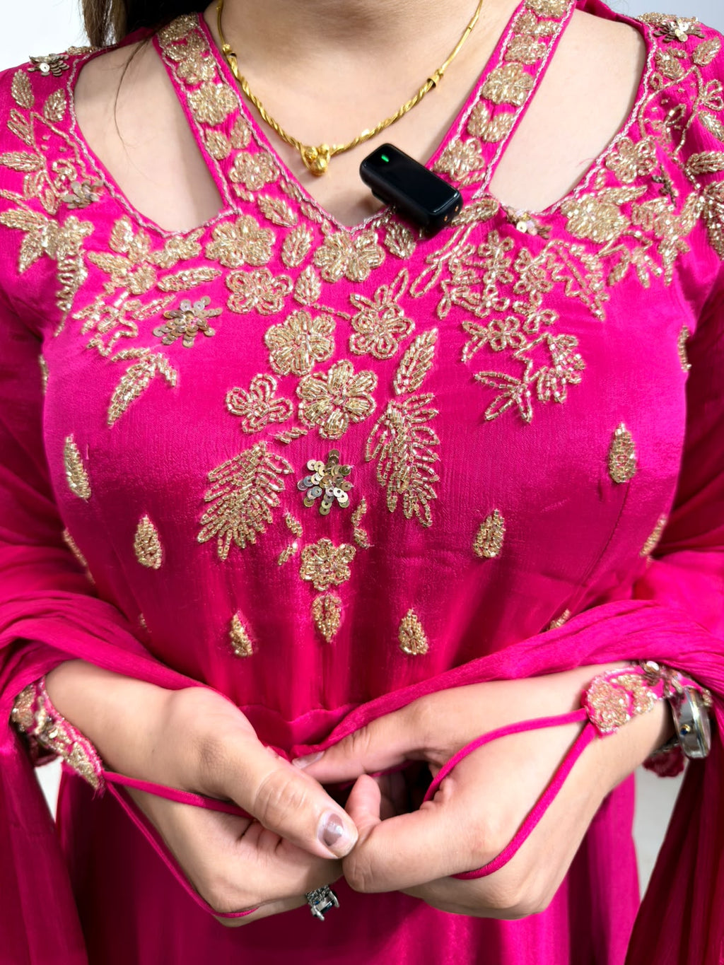 Samyukta | Fuchsia Pink Designer Anarkali Gown with Handworked Neck & Dupatta