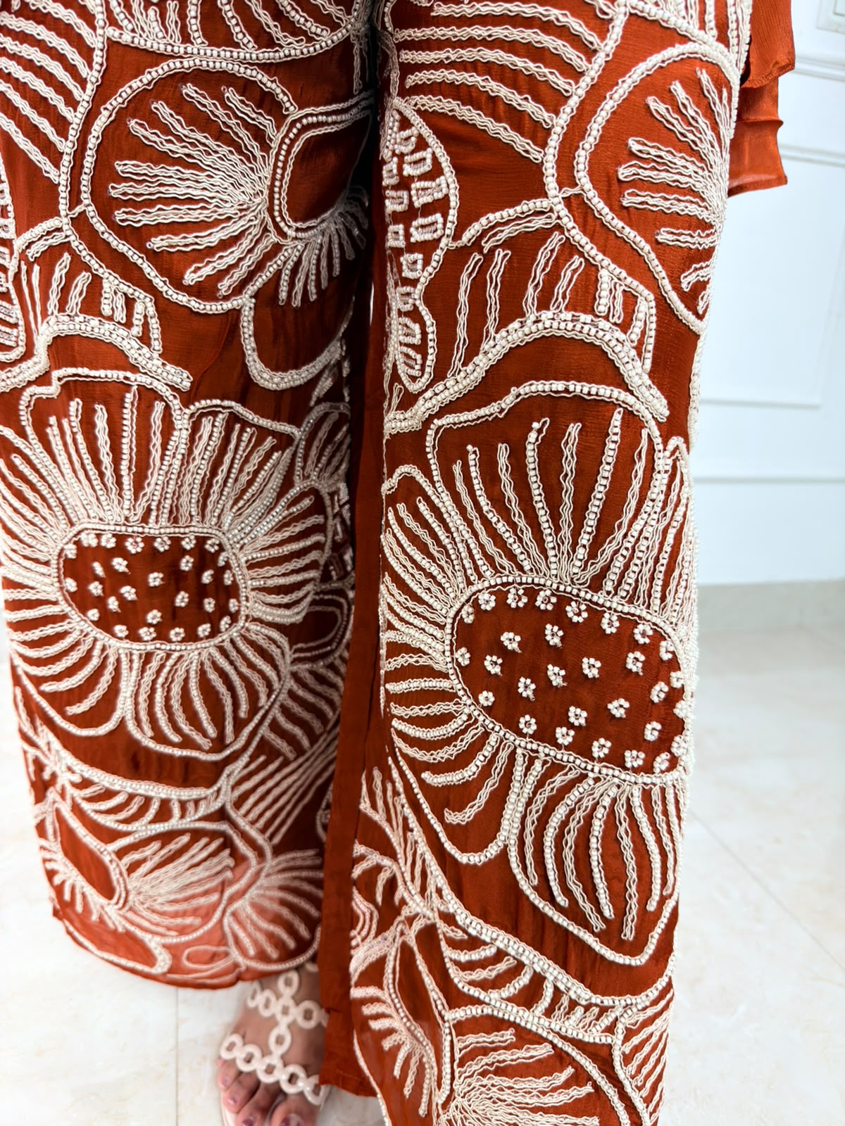 Zevyra | Rust Orange Sleeveless Kurta with Choker Neck & Heavy Embroidered Palazzo Pants Set