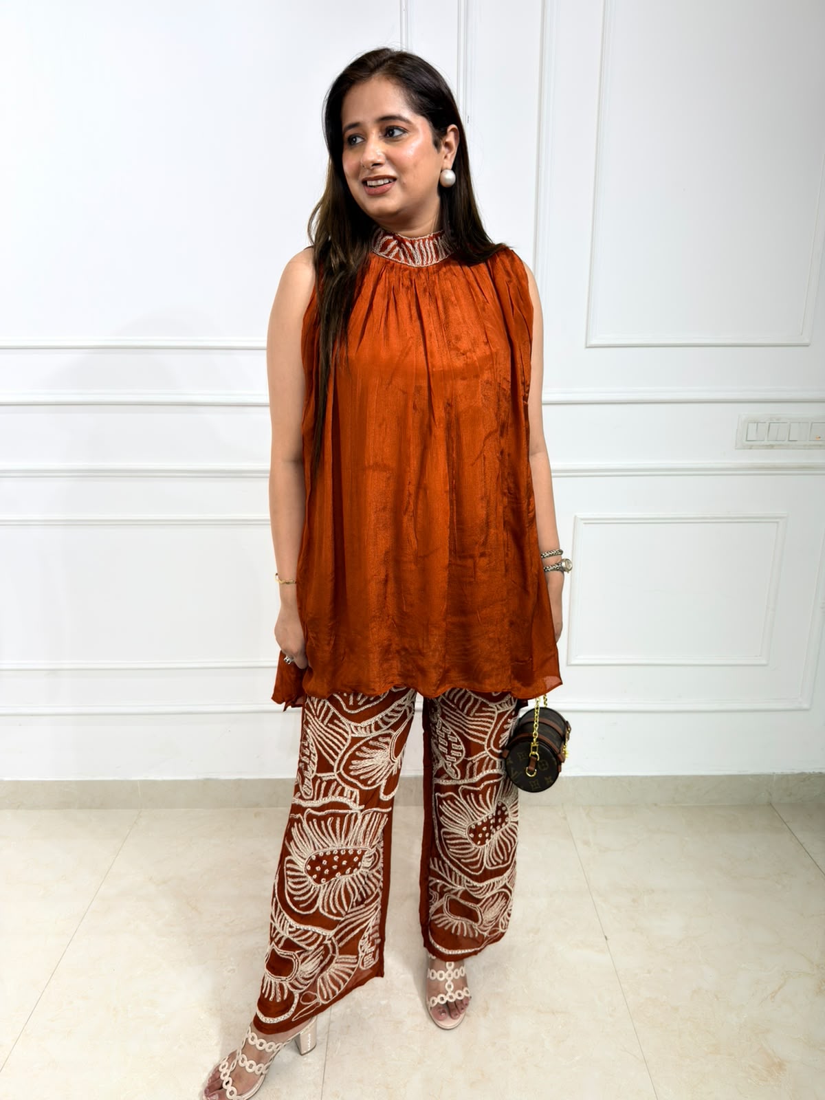 Zevyra | Rust Orange Sleeveless Kurta with Choker Neck & Heavy Embroidered Palazzo Pants Set