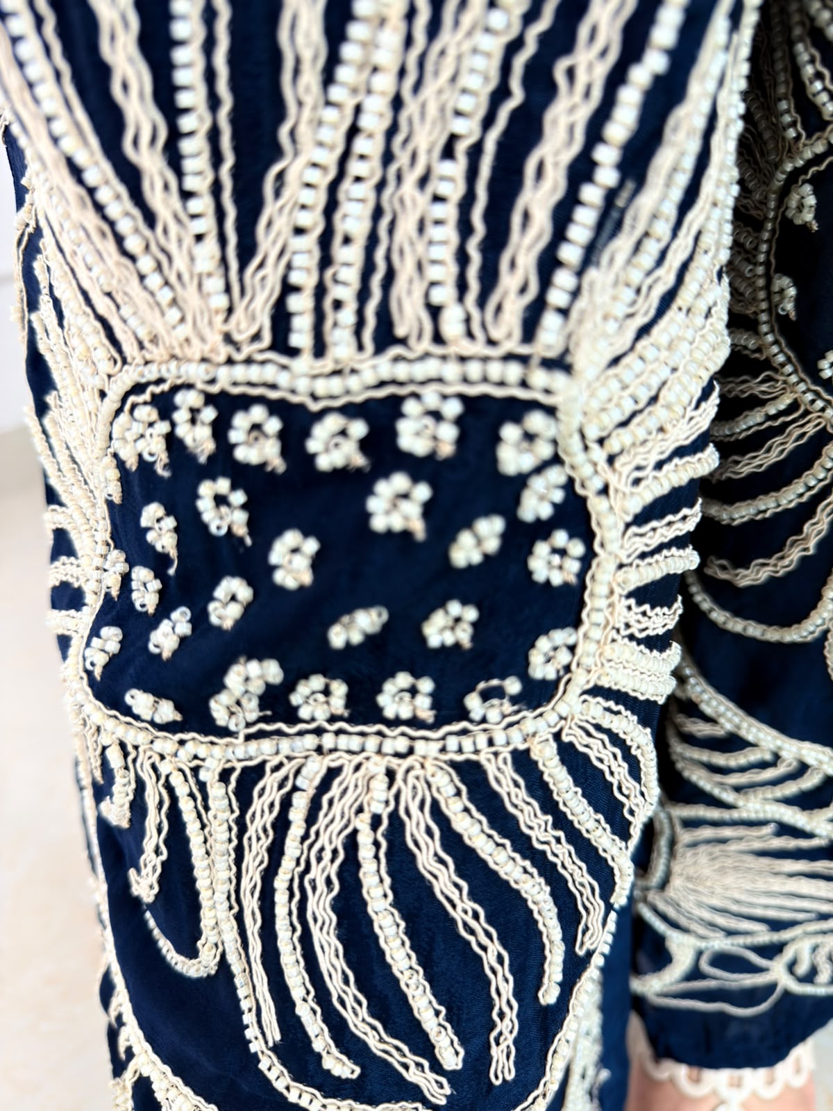Zevyra | Navy Blue Choker Neck Kurta with Heavy Ivory Embroidered Palazzo Set