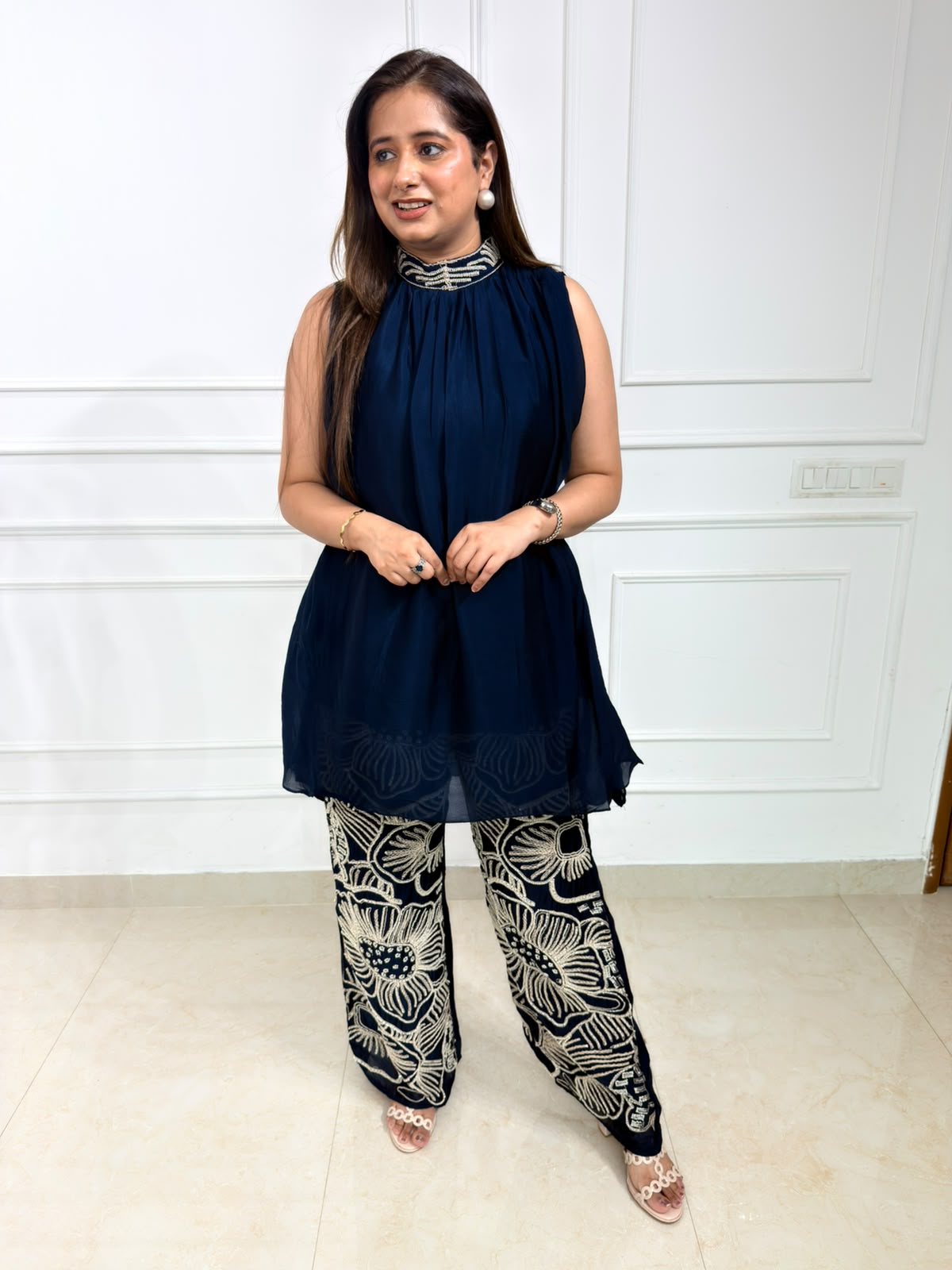 Zevyra | Navy Blue Choker Neck Kurta with Heavy Ivory Embroidered Palazzo Set