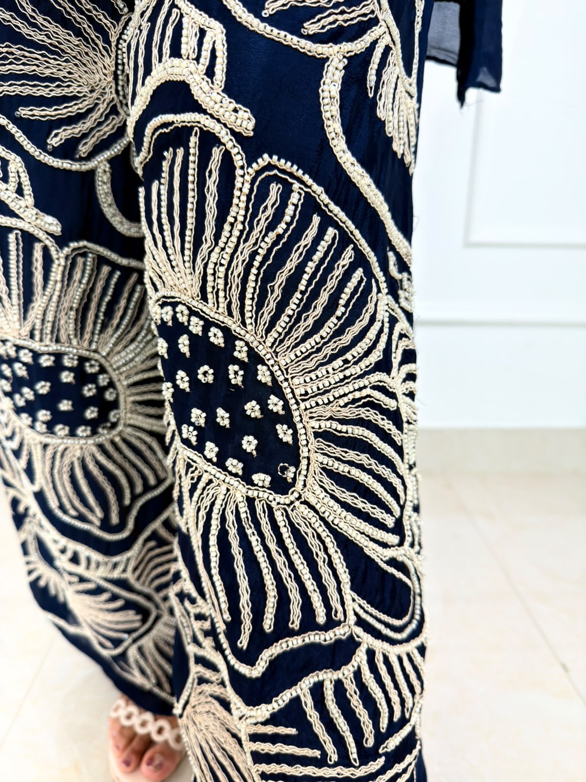 Zevyra | Navy Blue Choker Neck Kurta with Heavy Ivory Embroidered Palazzo Set