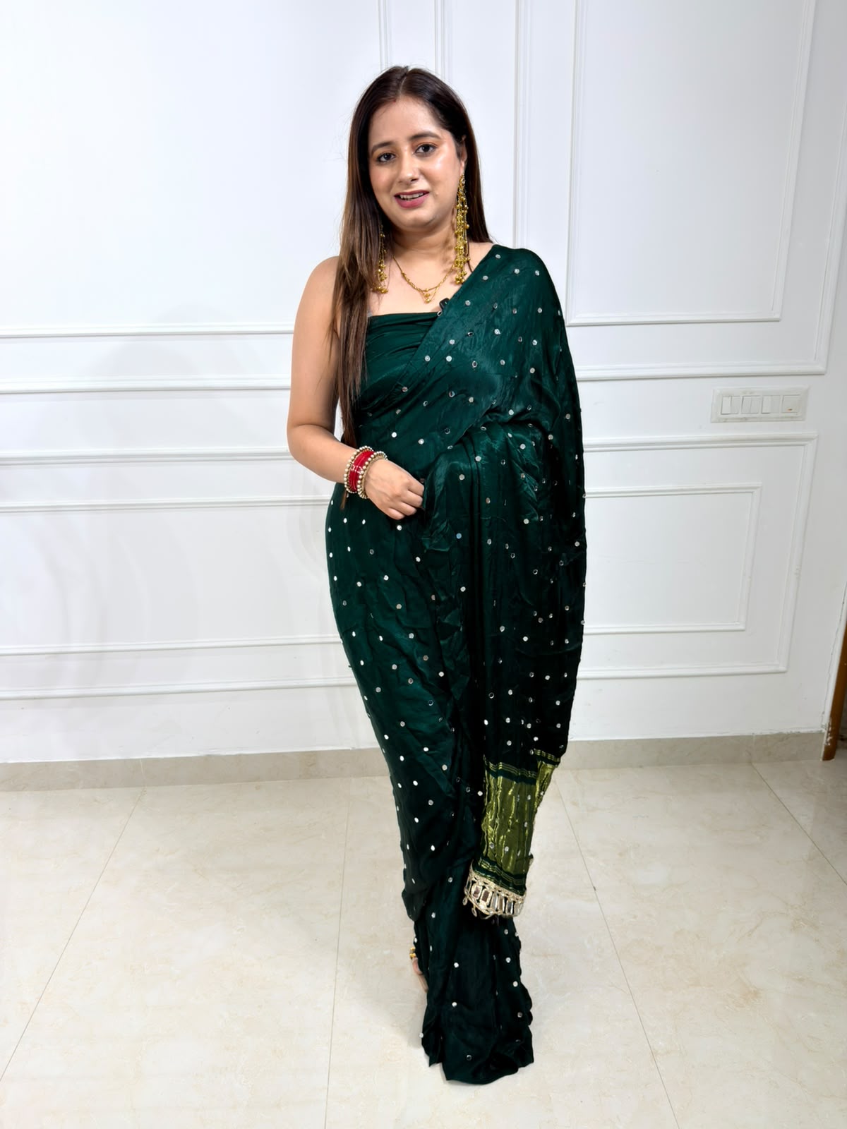 Vaylina | Emerald Green Mirror Work Saree with Embellished Pallu