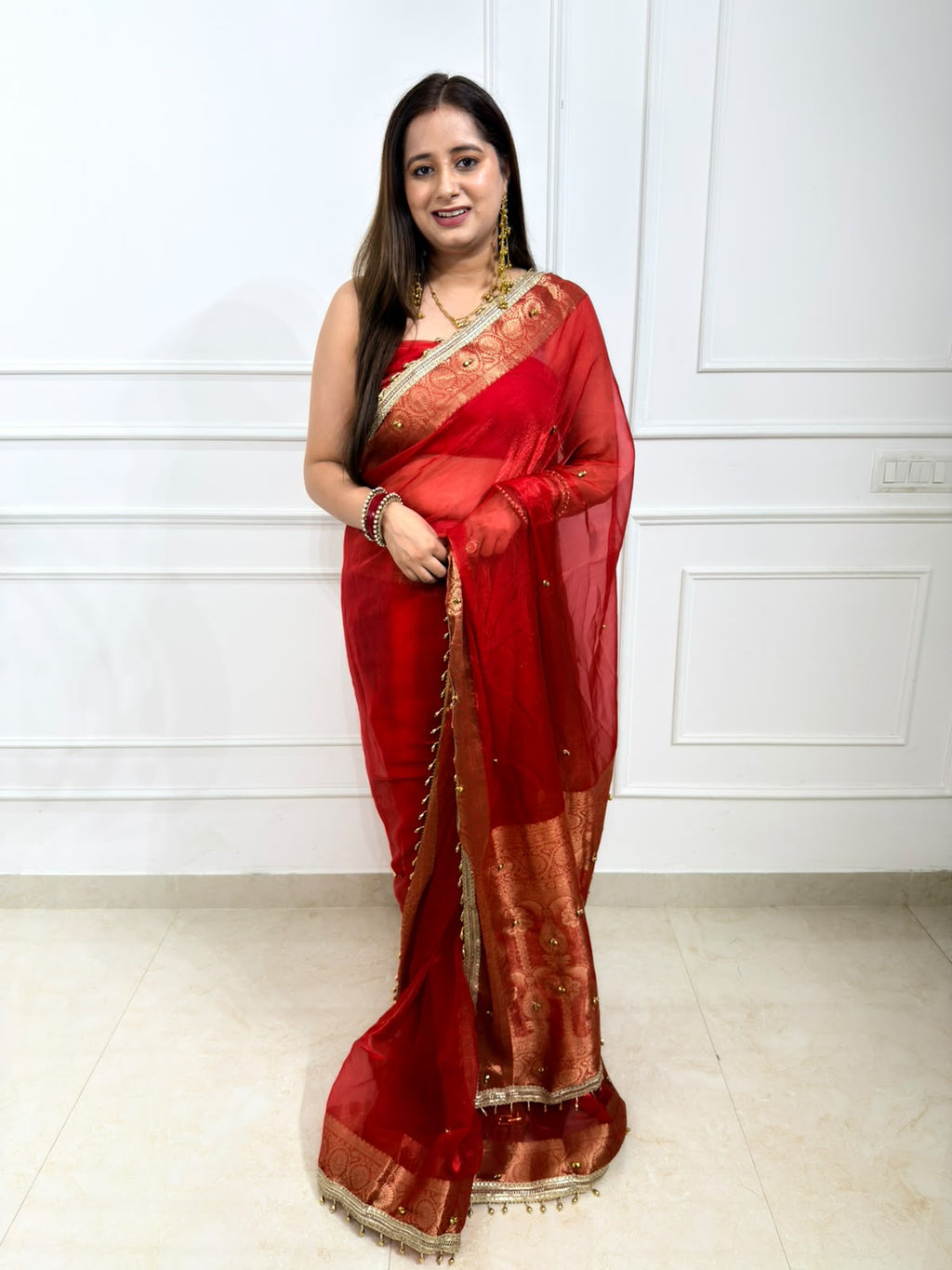 Ruvika | Red Saree with Antique Gold Zari Border