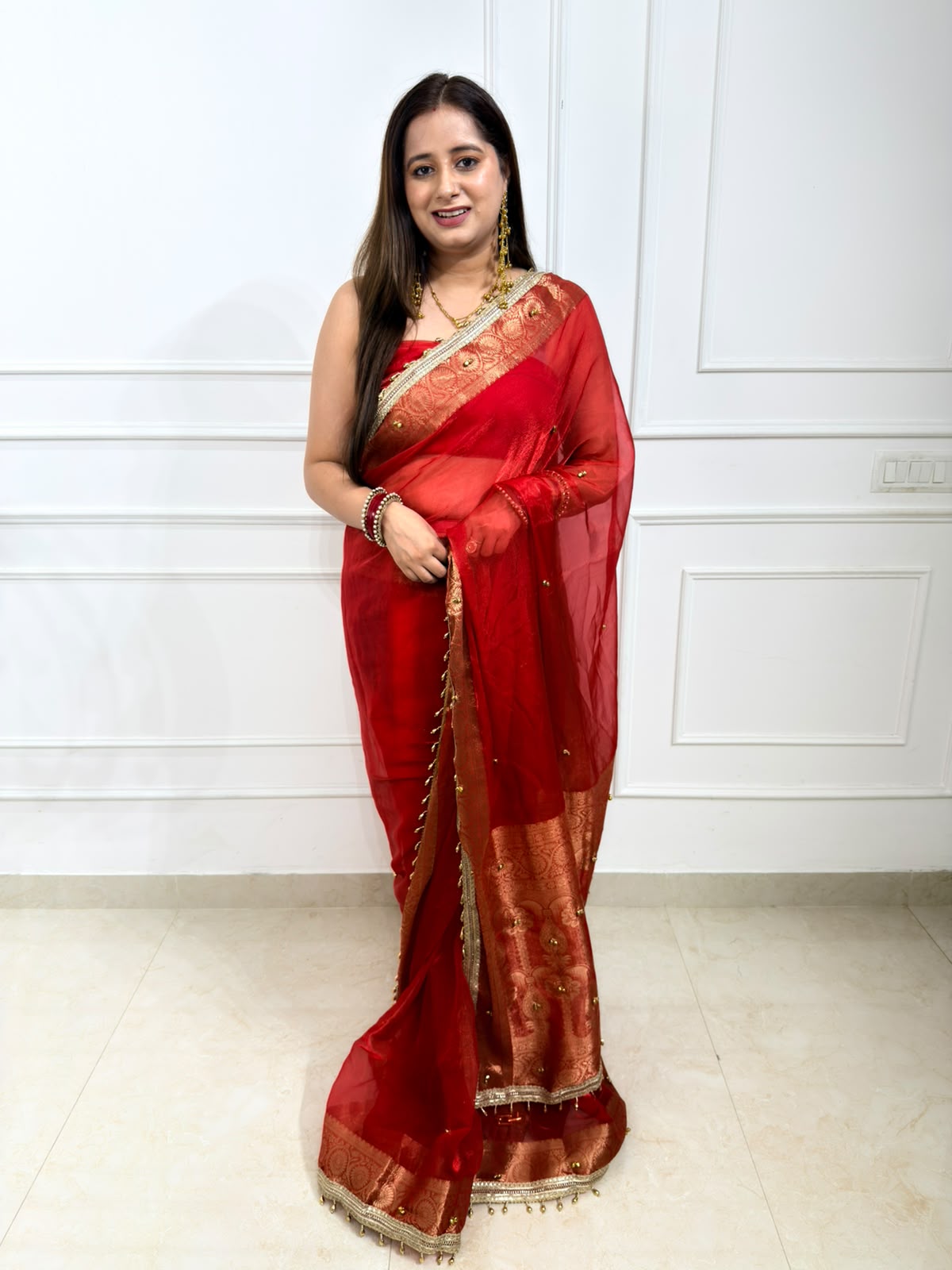 Ruvika | Red Saree with Antique Gold Zari Border