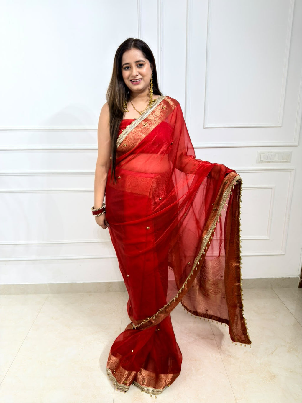 Ruvika | Red Saree with Antique Gold Zari Border