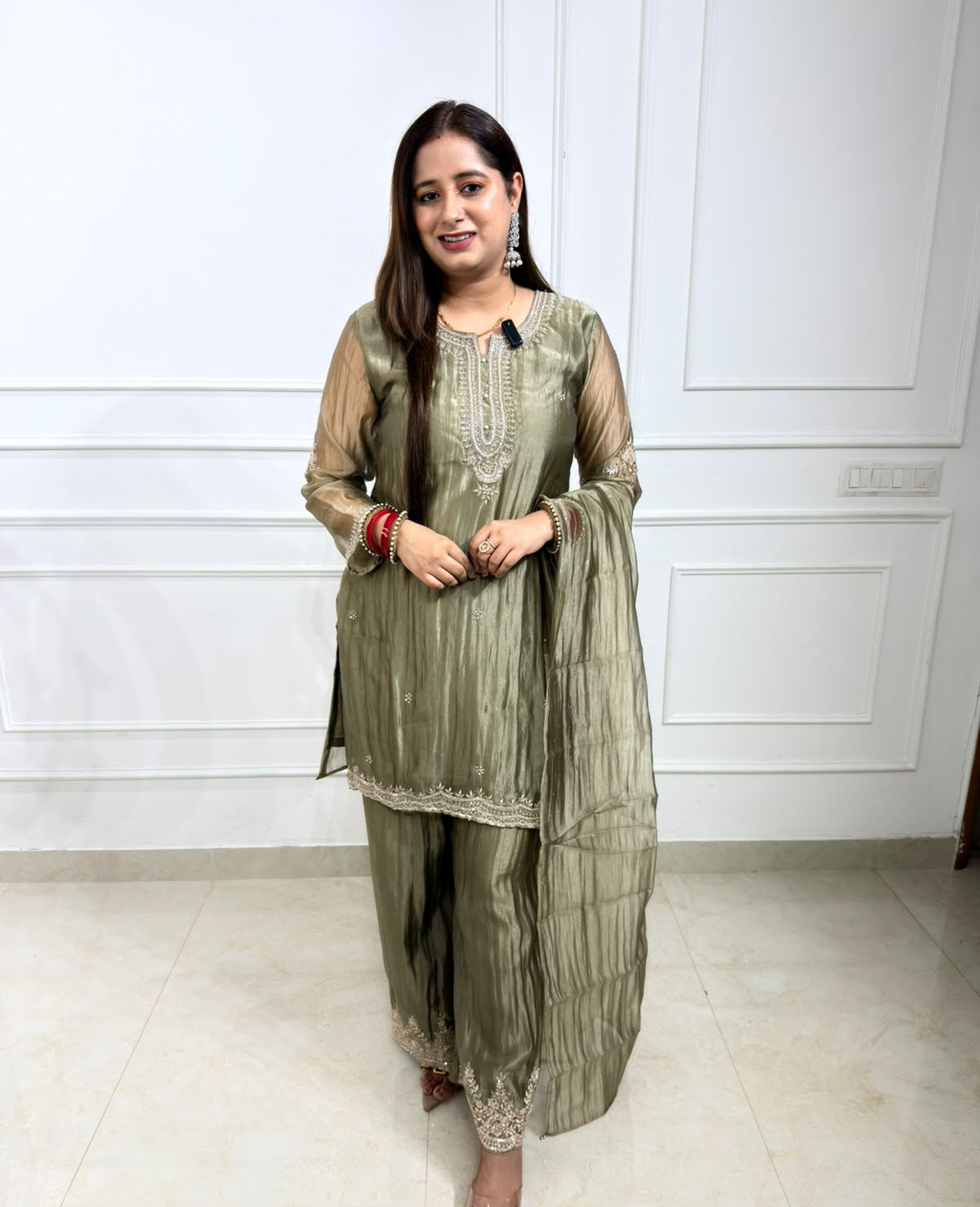 Chandi | Olive Green Silk-Blend Suit Set with Embroidered Dupatta