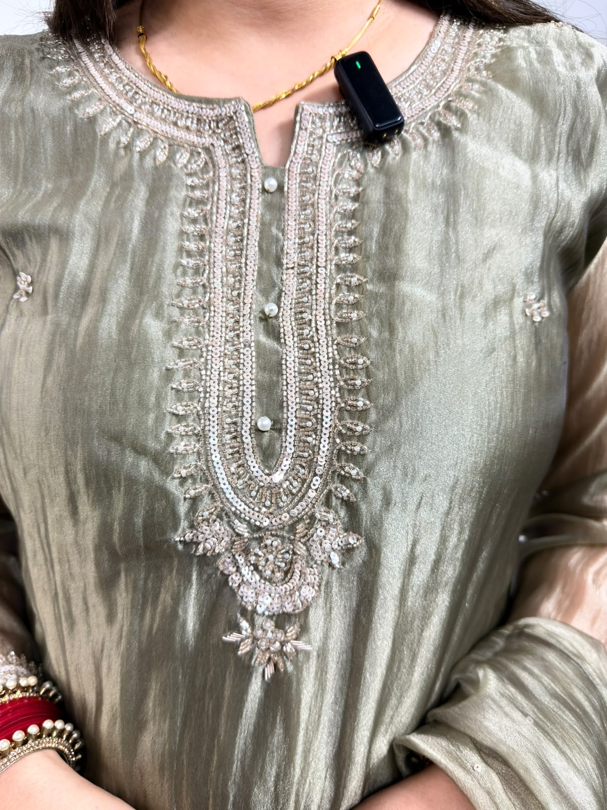 Chandi | Olive Green Silk-Blend Suit Set with Embroidered Dupatta