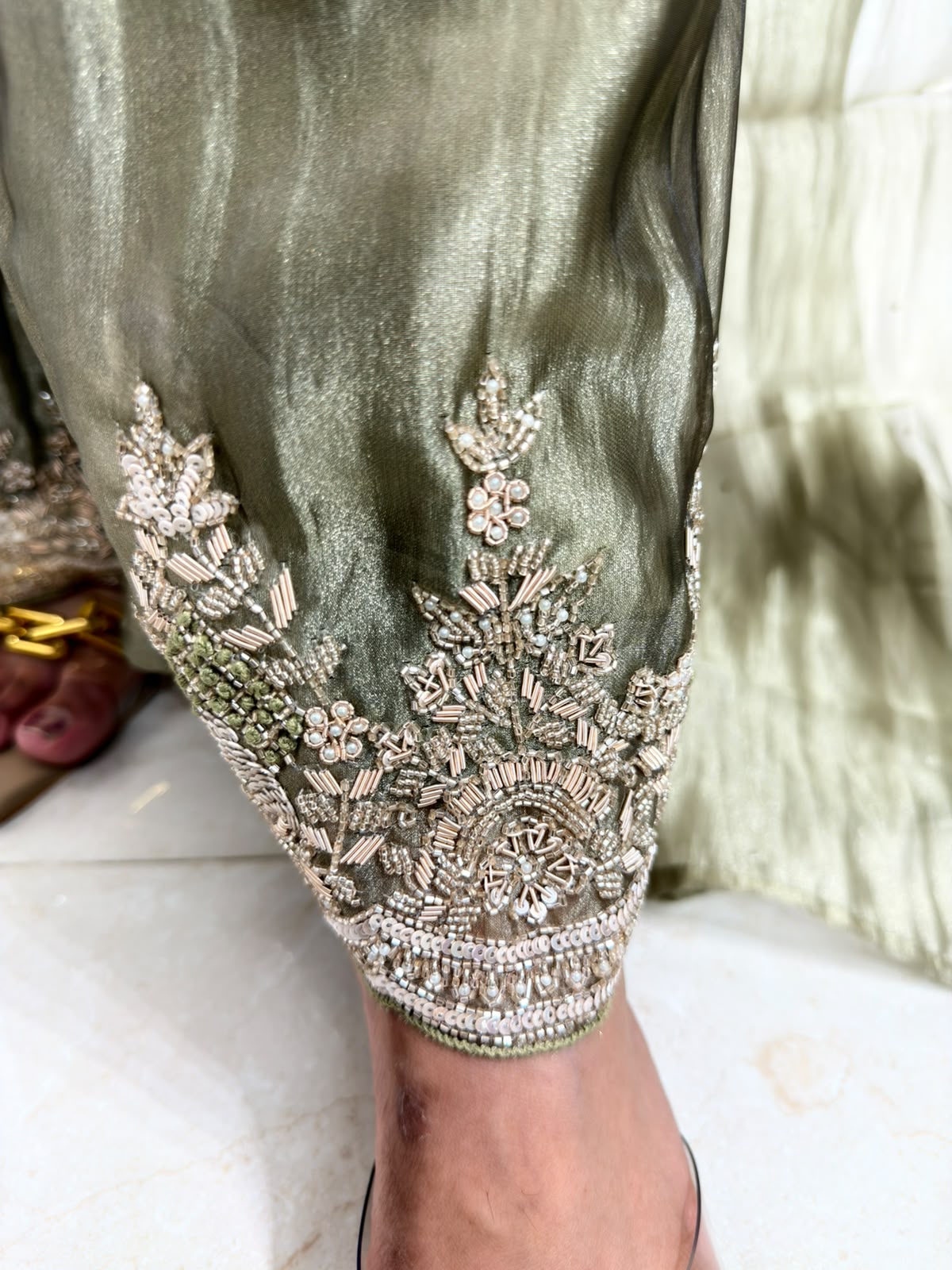 Chandi | Olive Green Silk-Blend Suit Set with Embroidered Dupatta