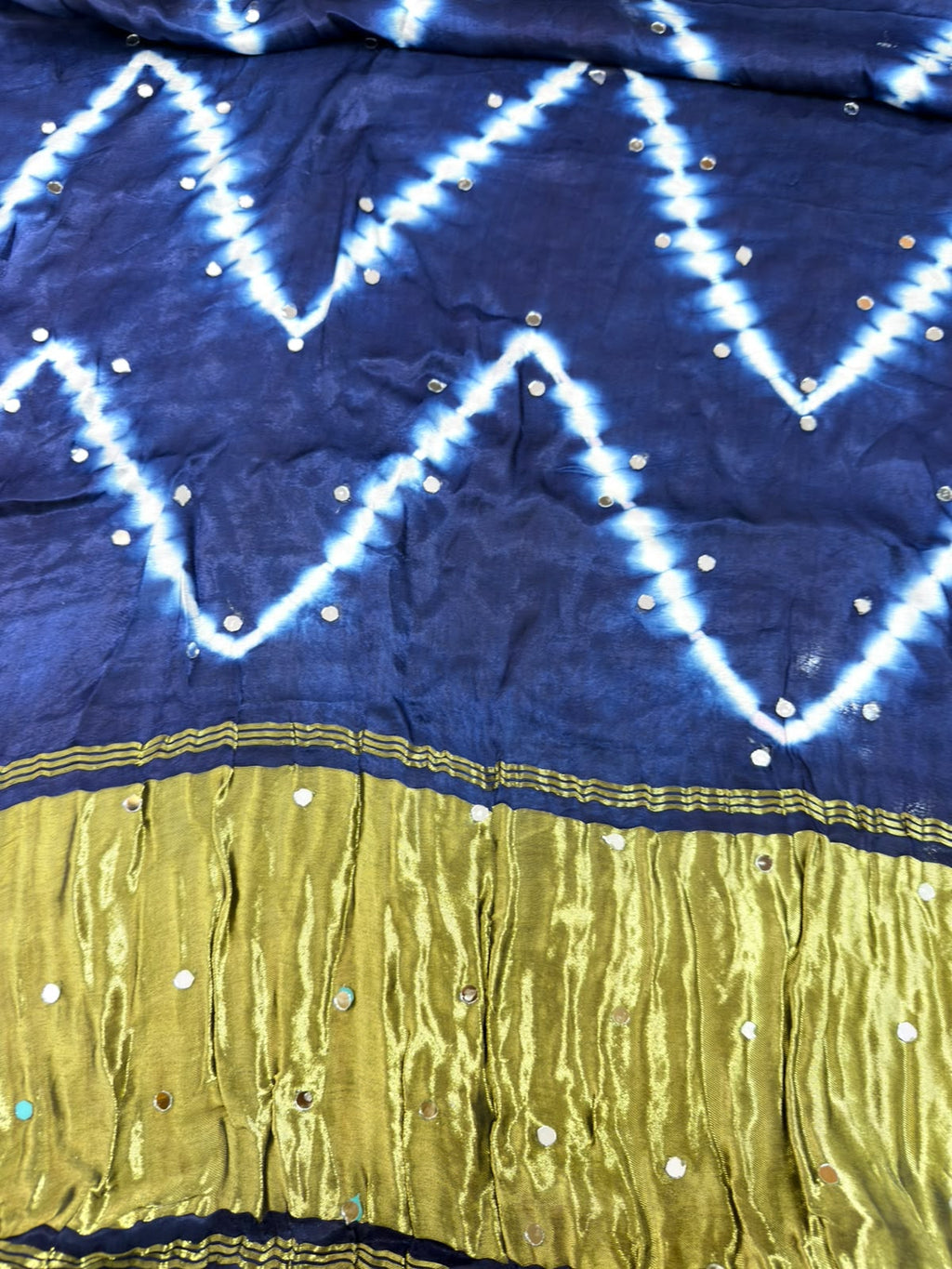 Zaymira | Navy Blue Shibori Saree with Contrast Olive Green Border