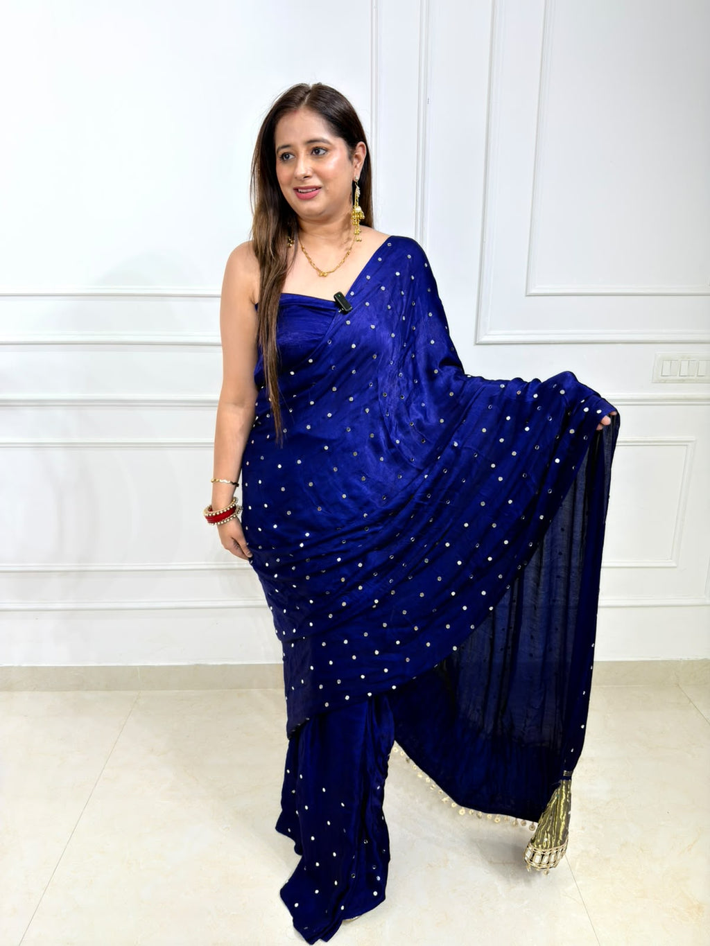 Vaylina | Royal Blue Mirror Work Saree with Embellished Pallu