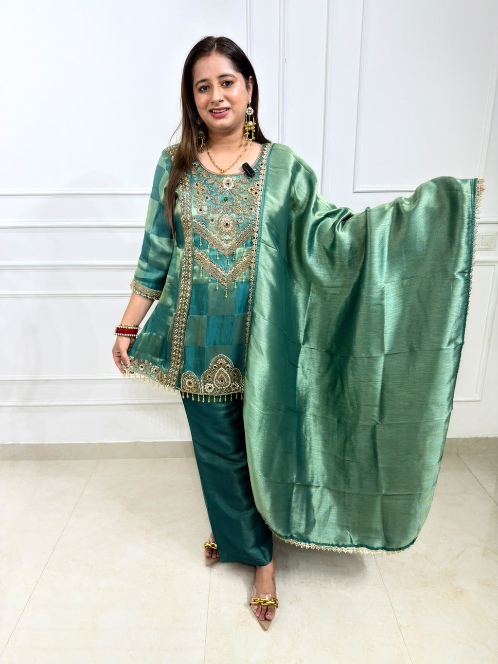 Aroshni | Teal Green Heavy Handworked Suit Set with Palazzo Pants & Dupatta