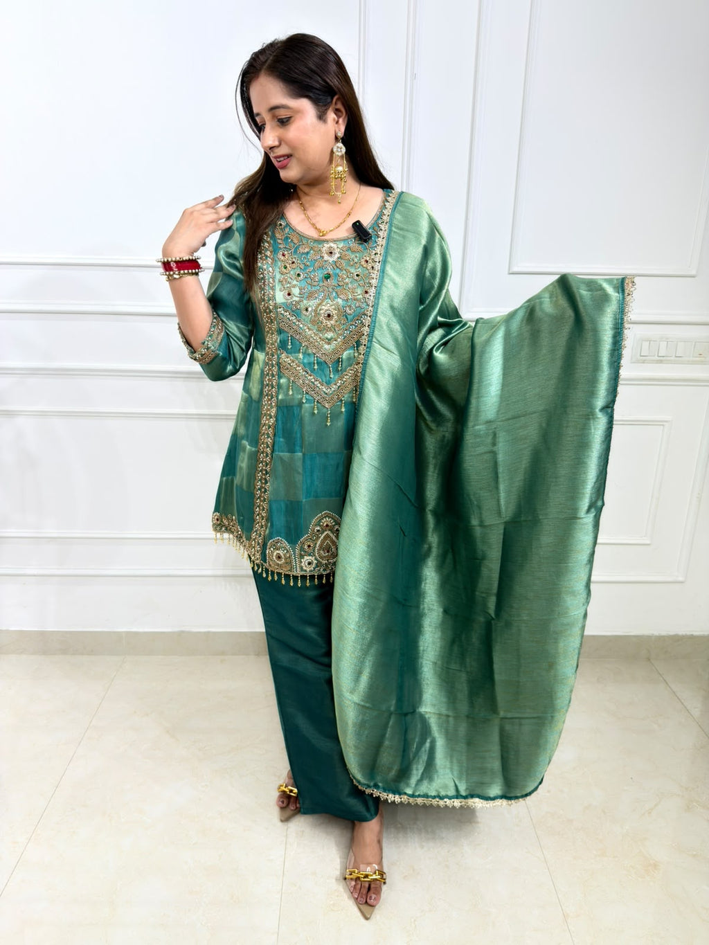 Aroshni | Teal Green Heavy Handworked Suit Set with Palazzo Pants & Dupatta