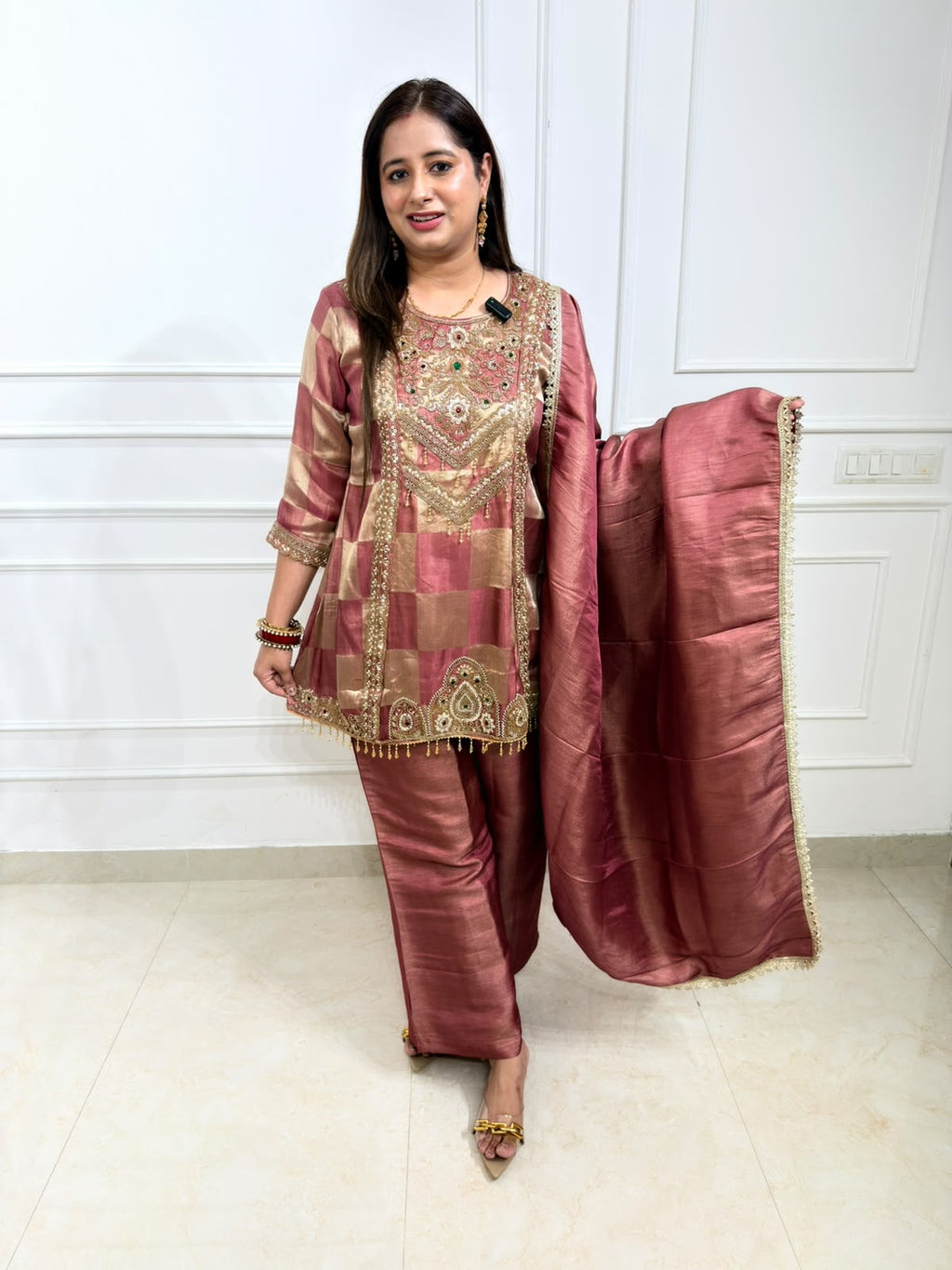 Aroshni | Dusty Pink Heavy Handworked Suit Set with Palazzo Pants & Dupatta