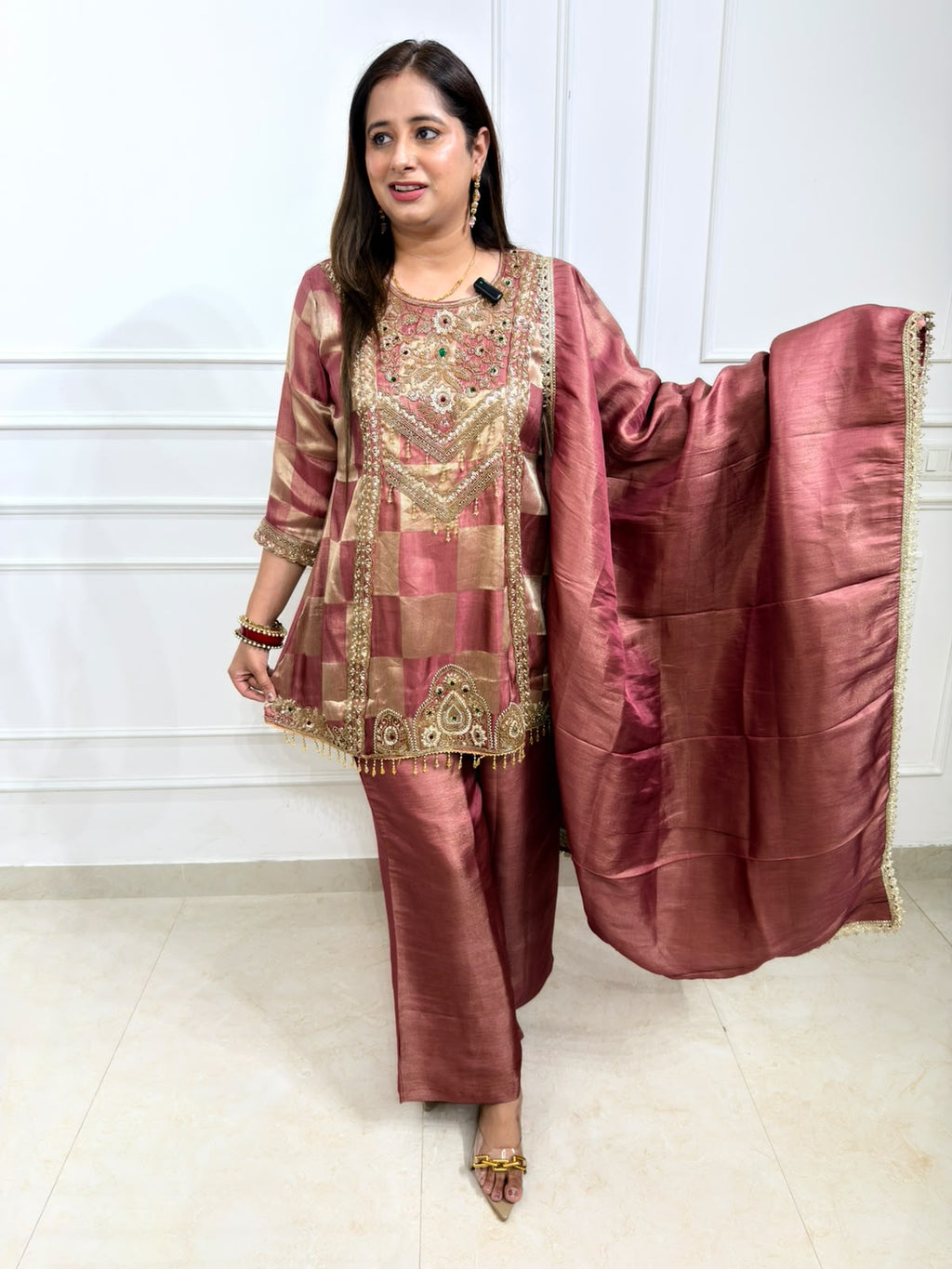 Aroshni | Dusty Pink Heavy Handworked Suit Set with Palazzo Pants & Dupatta
