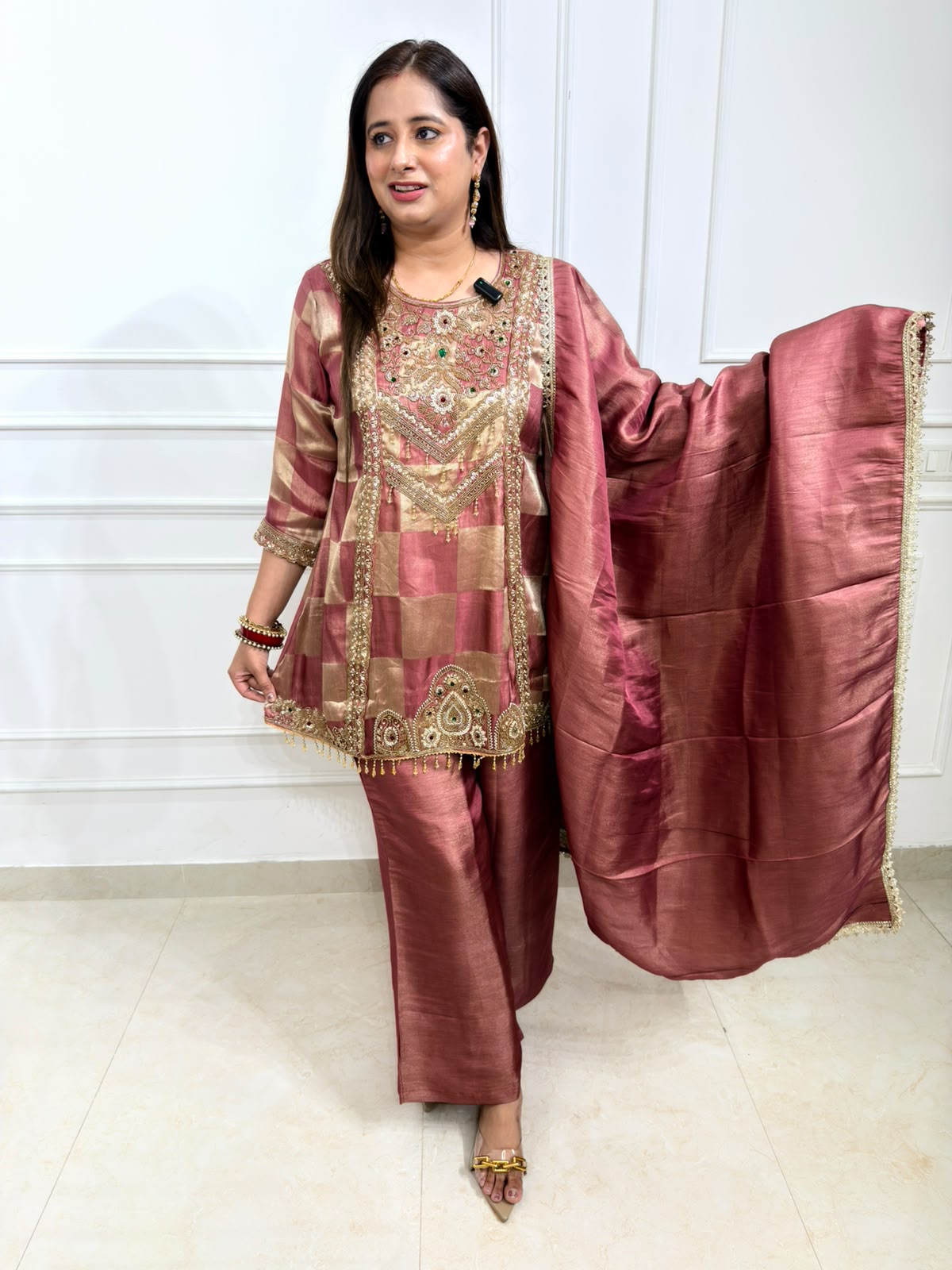 Aroshni | Dusty Pink Heavy Handworked Suit Set with Palazzo Pants & Dupatta