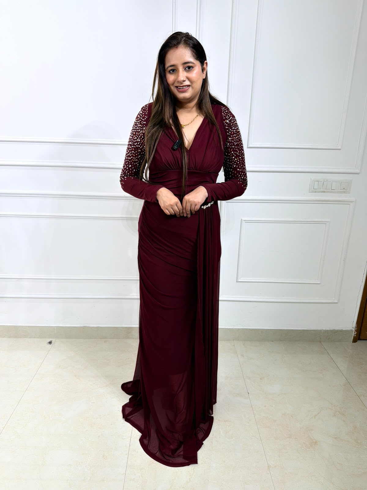 Marvella – Wine Maroon Floor-Length Gown with Embellished Sleeves