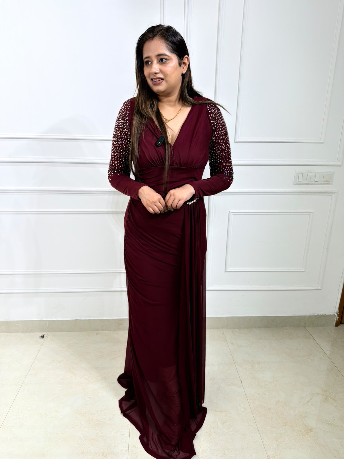 Marvella – Wine Maroon Floor-Length Gown with Embellished Sleeves