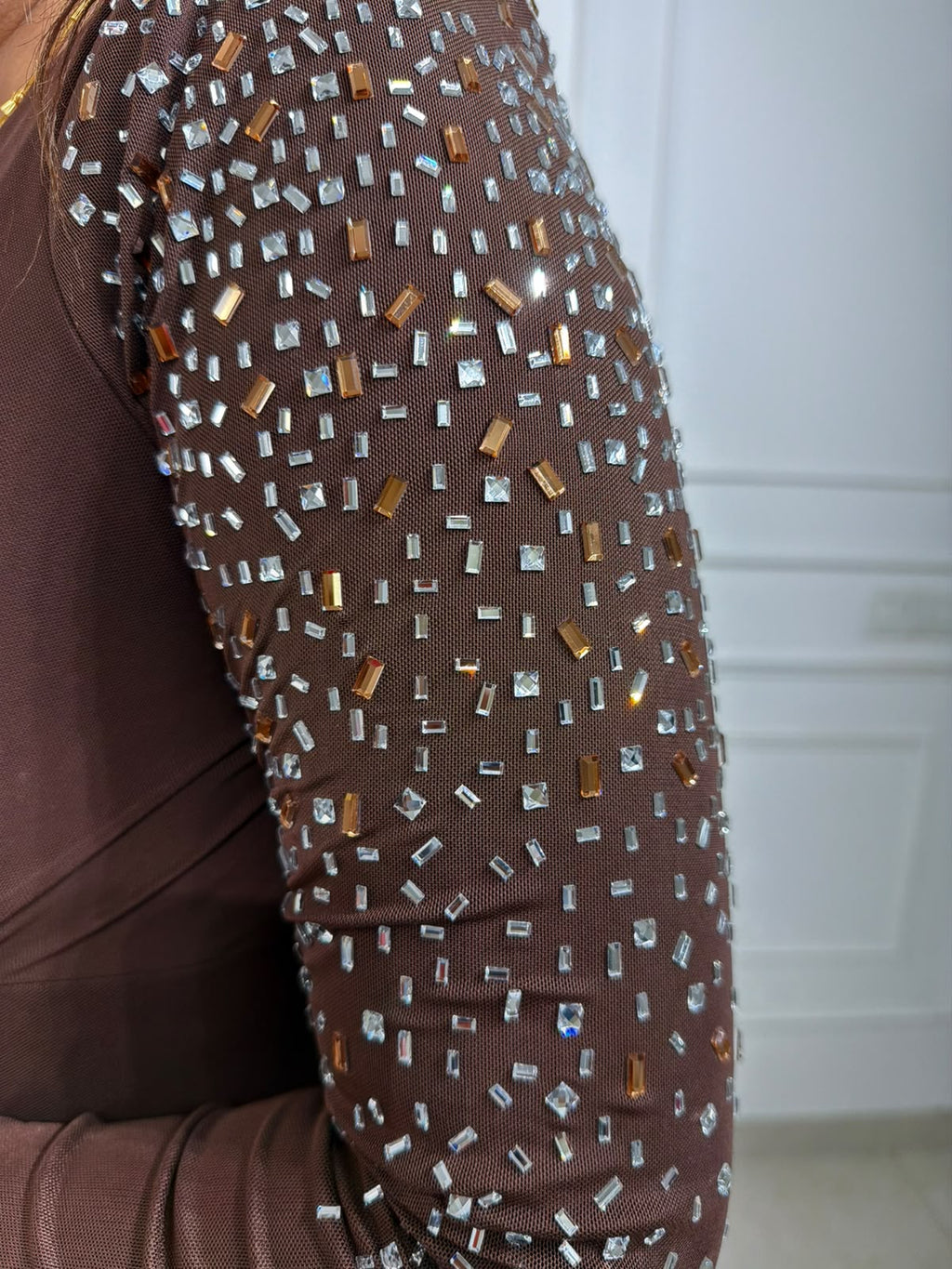 Marvella – Chocolate Brown Floor-Length Gown with Embellished Sleeves