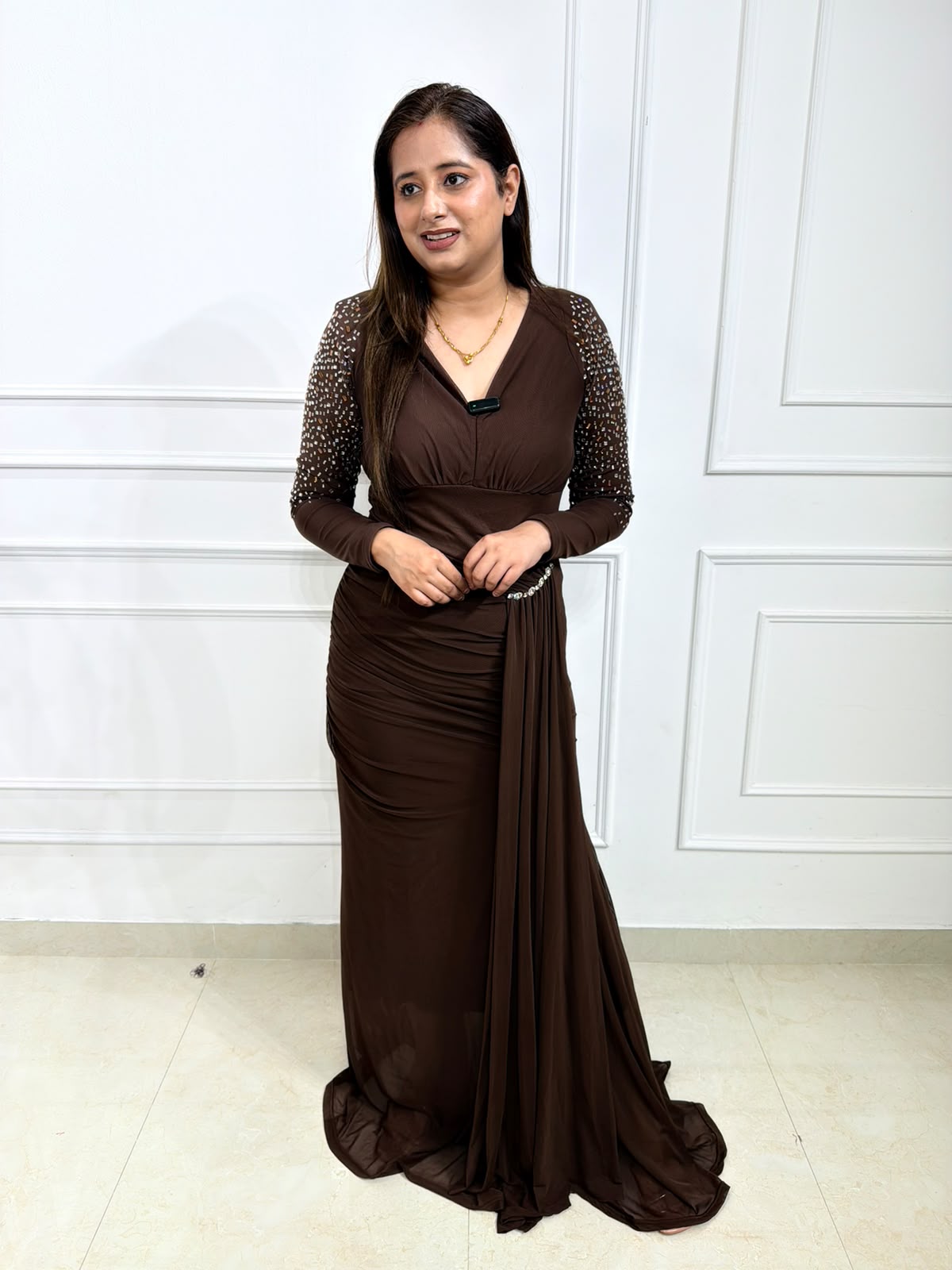 Marvella – Chocolate Brown Floor-Length Gown with Embellished Sleeves