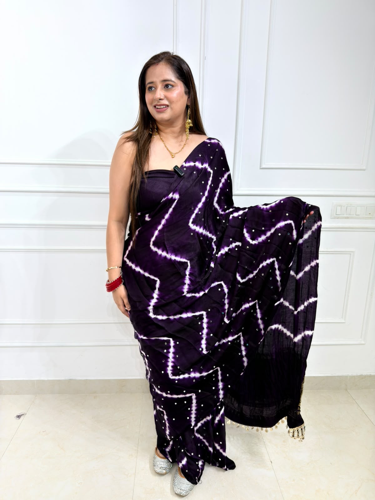 Zaymira – Black & Purple Tie-Dye Saree with Golden Embellished Border