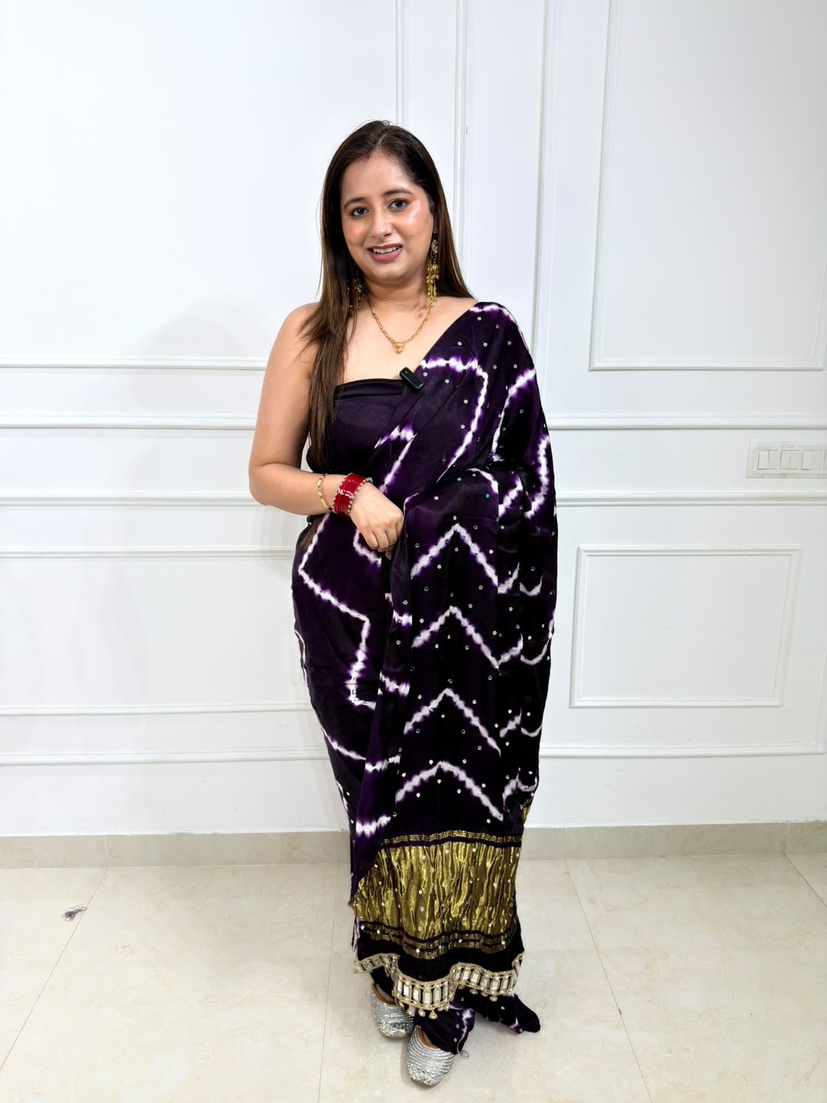 Zaymira – Black & Purple Tie-Dye Saree with Golden Embellished Border