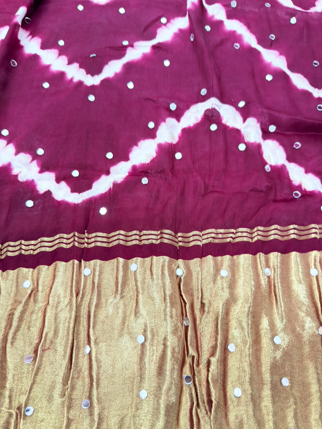 Zaymira – Wine Maroon Tie-Dye Saree with Golden Embellished Border