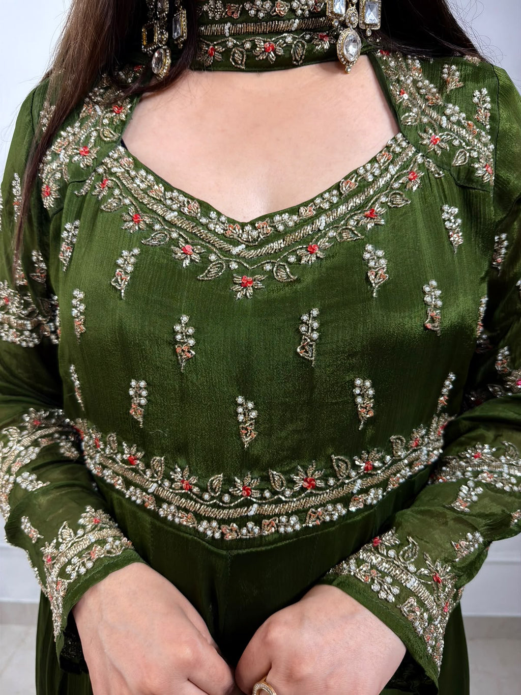Orvisha – Olive Green Pure Chinon Handworked Anarkali Suit Set with Straight Pants & Dupatta
