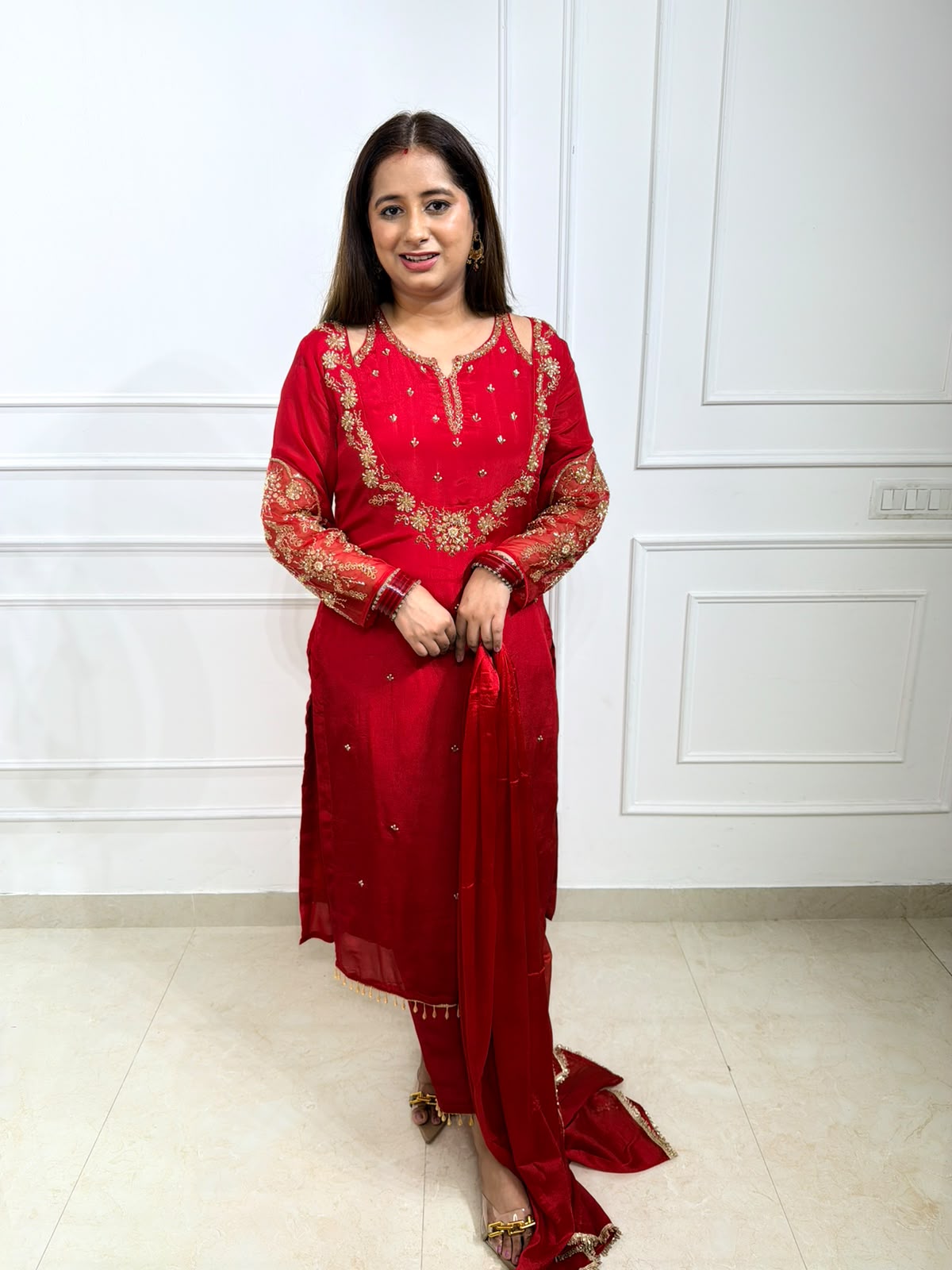 Aroshika – Red Handworked Straight Kurta Suit Set with Palazzo Pants & Dupatta