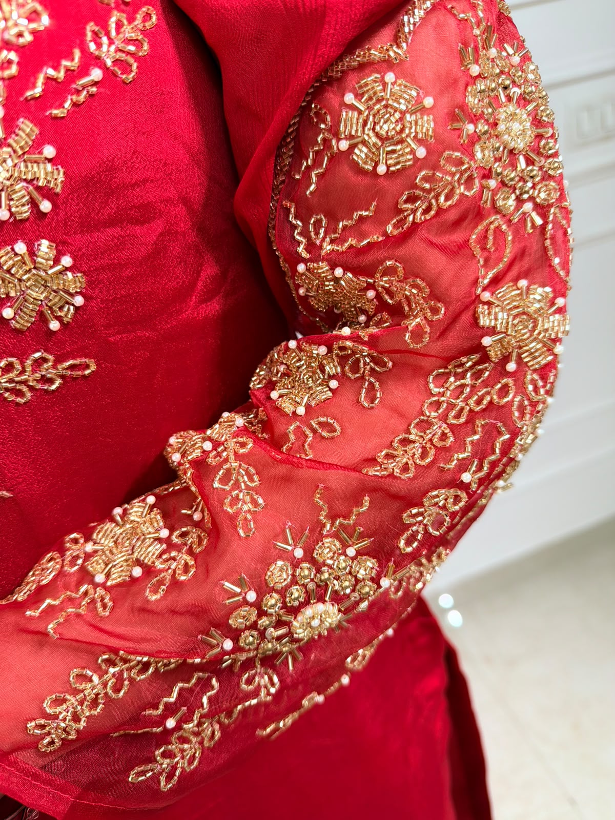 Aroshika – Red Handworked Straight Kurta Suit Set with Palazzo Pants & Dupatta