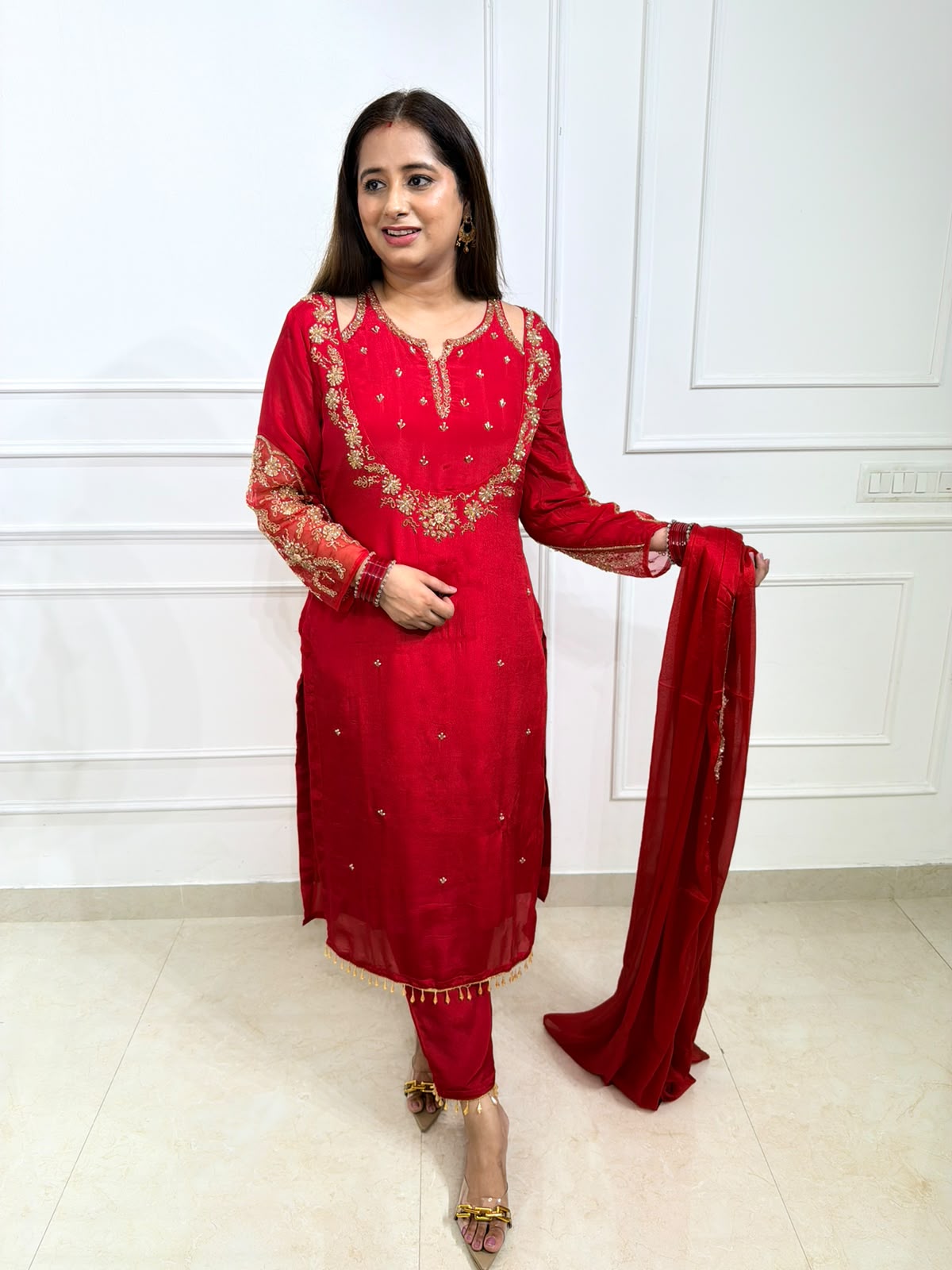 Aroshika – Red Handworked Straight Kurta Suit Set with Palazzo Pants & Dupatta