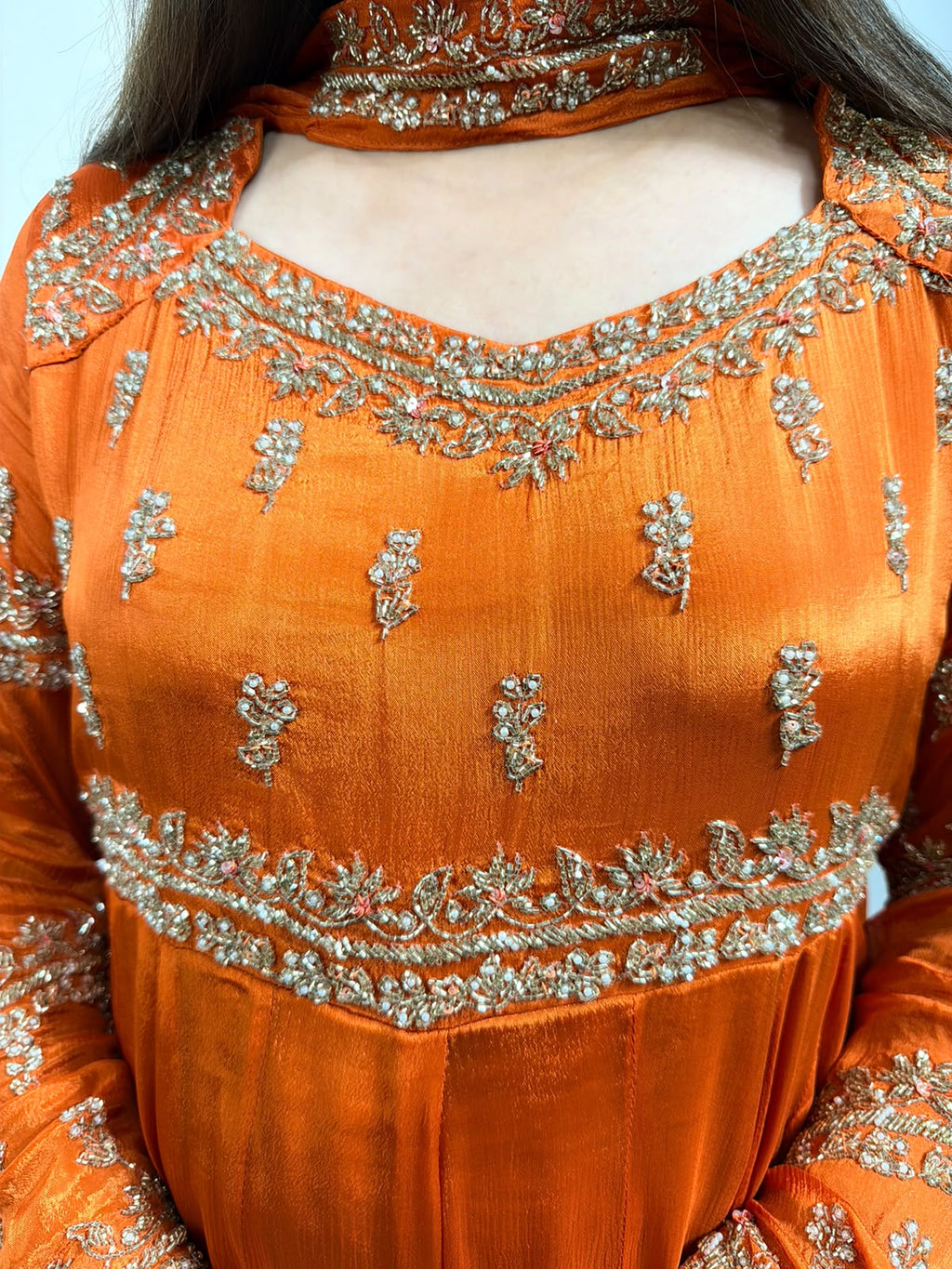 Orvisha – Orange Marinda Pure Chinon Handworked Anarkali Suit Set with Straight Pants & Dupatta