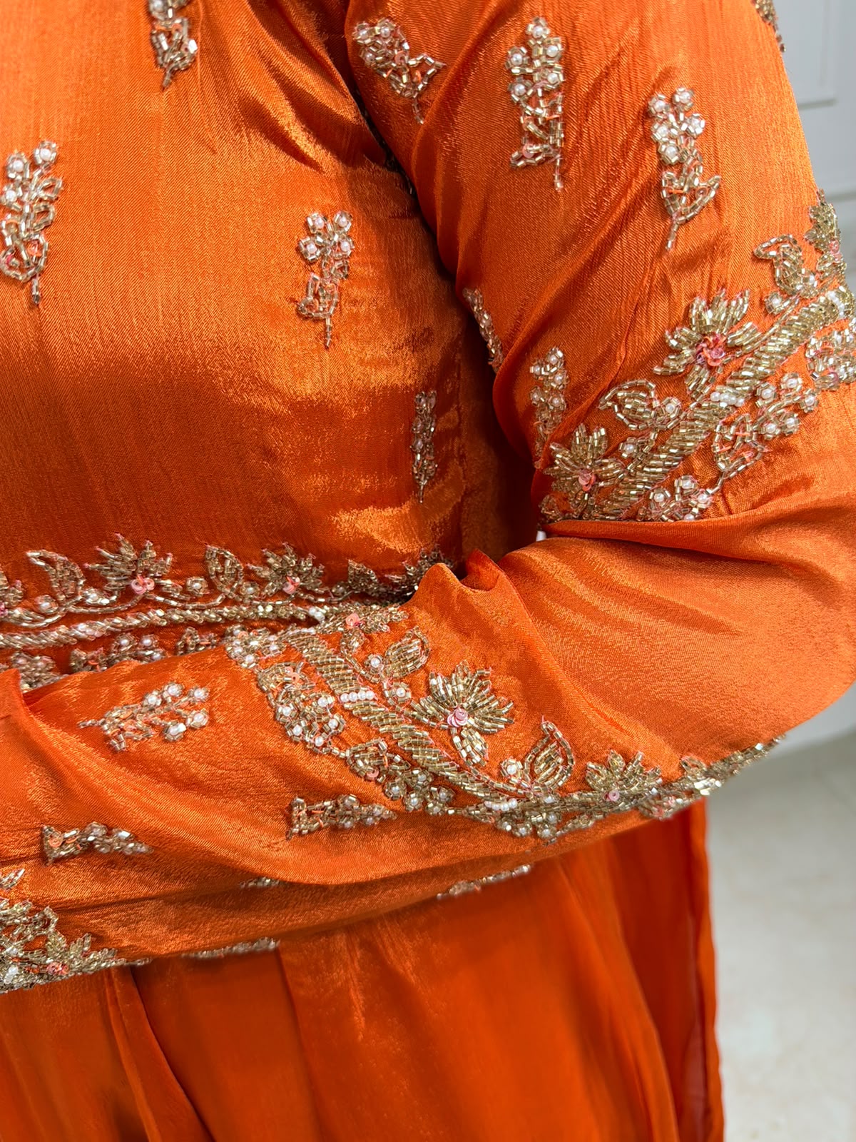 Orvisha – Orange Marinda Pure Chinon Handworked Anarkali Suit Set with Straight Pants & Dupatta