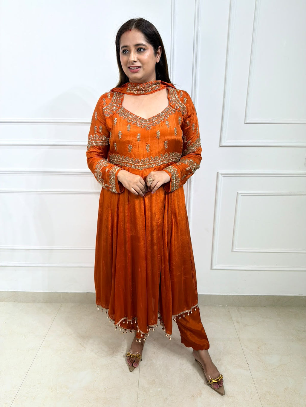 Orvisha – Orange Marinda Pure Chinon Handworked Anarkali Suit Set with Straight Pants & Dupatta