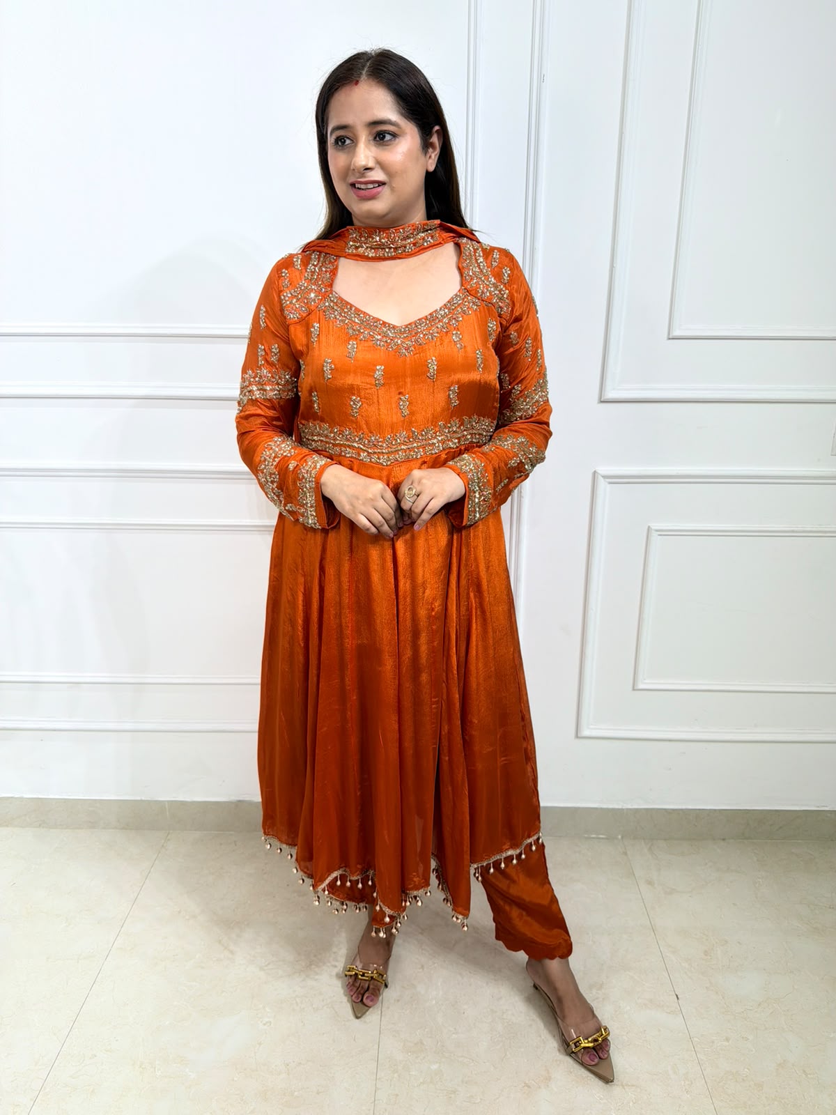 Orvisha – Orange Marinda Pure Chinon Handworked Anarkali Suit Set with Straight Pants & Dupatta