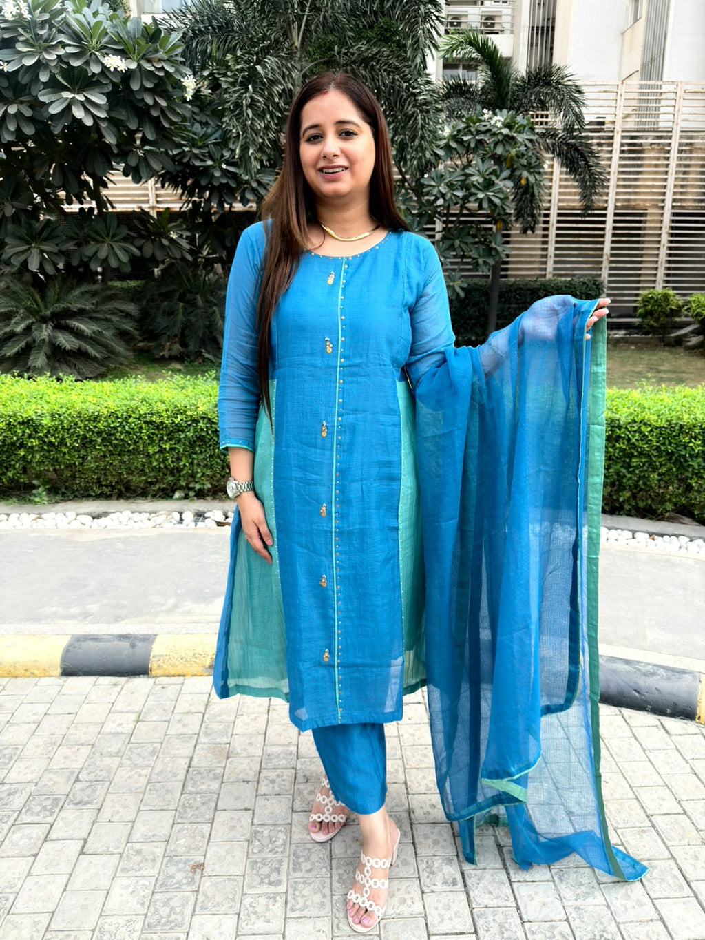 Azuvera – Blue & Aqua Mul Cotton Suit Set with Straight Pants & Dupatta