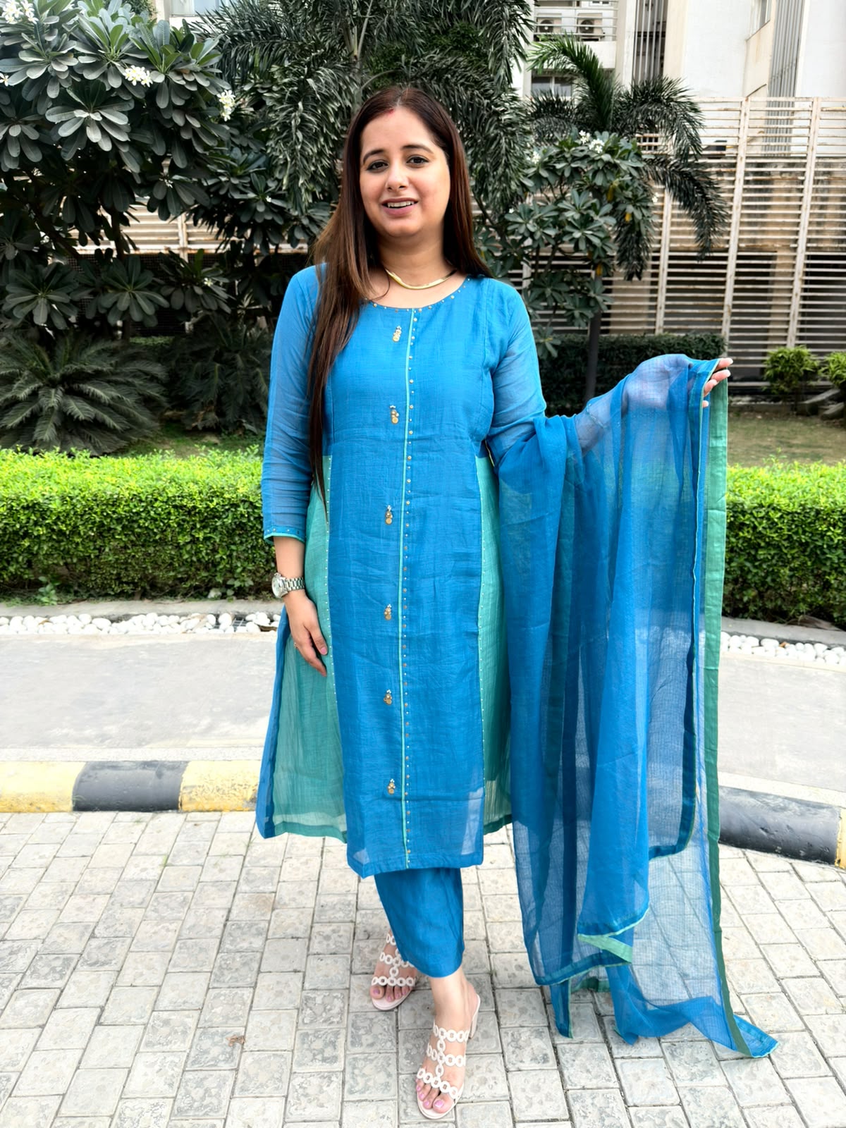Azuvera – Blue & Aqua Mul Cotton Suit Set with Straight Pants & Dupatta