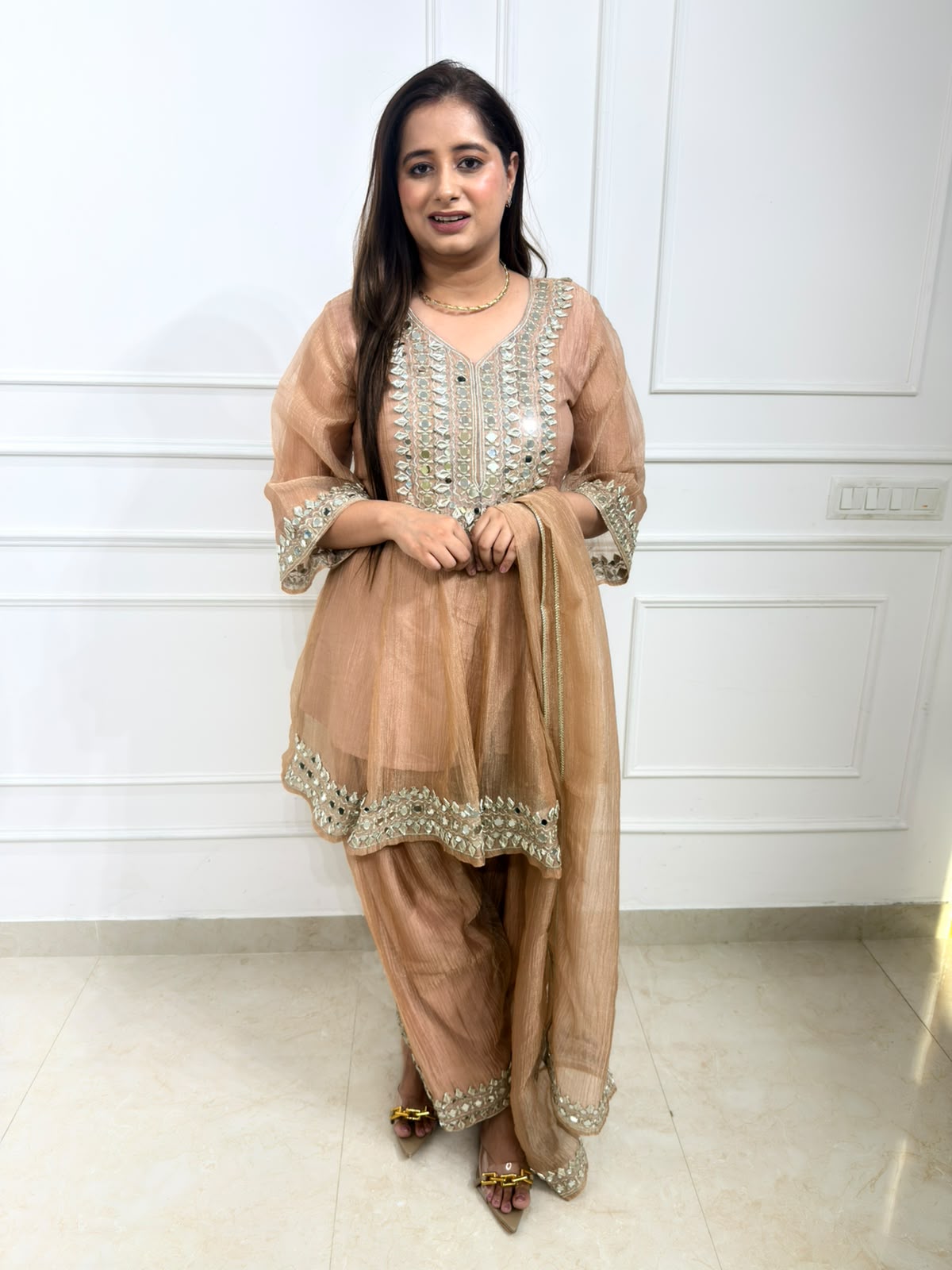 Mahnoor – Peach Farsi Salwar Suit Set with Heavy Mirror Work & Dupatta