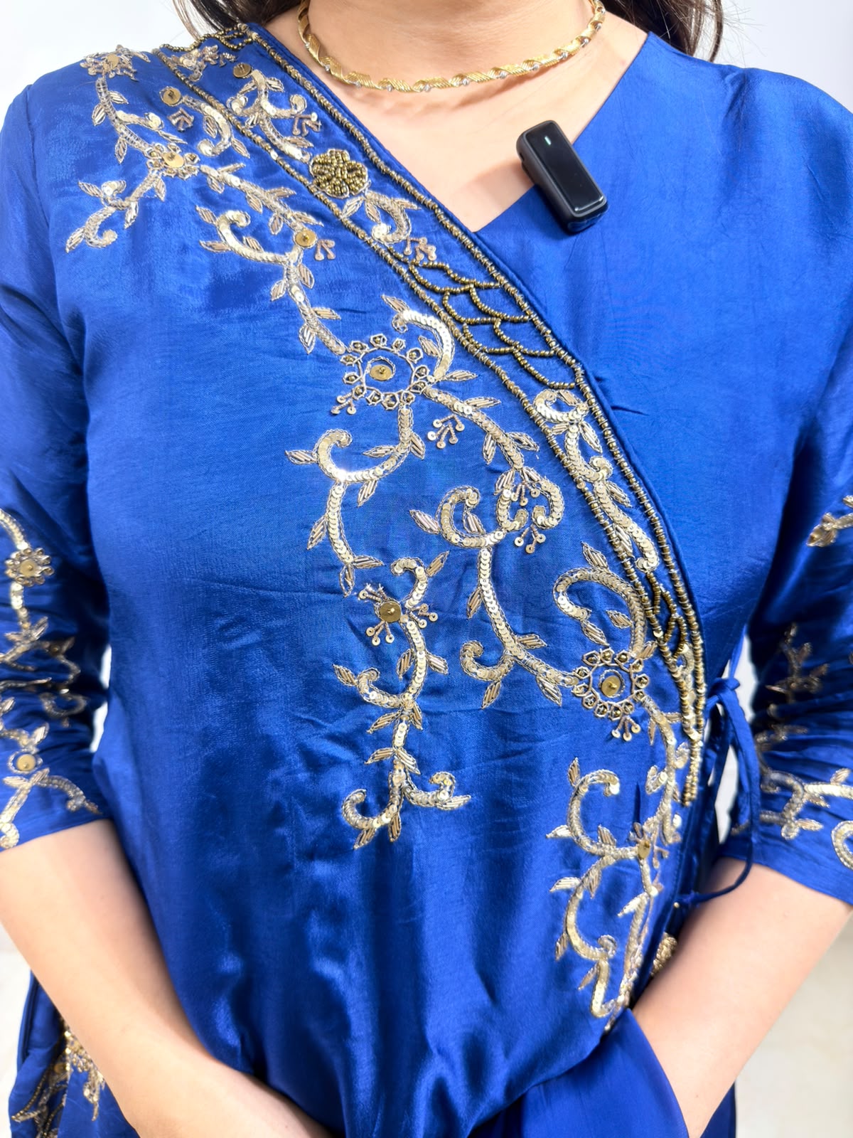 Angrakha – Royal Blue Embroidered Long Kurta Suit Set with Pants & Dupatta